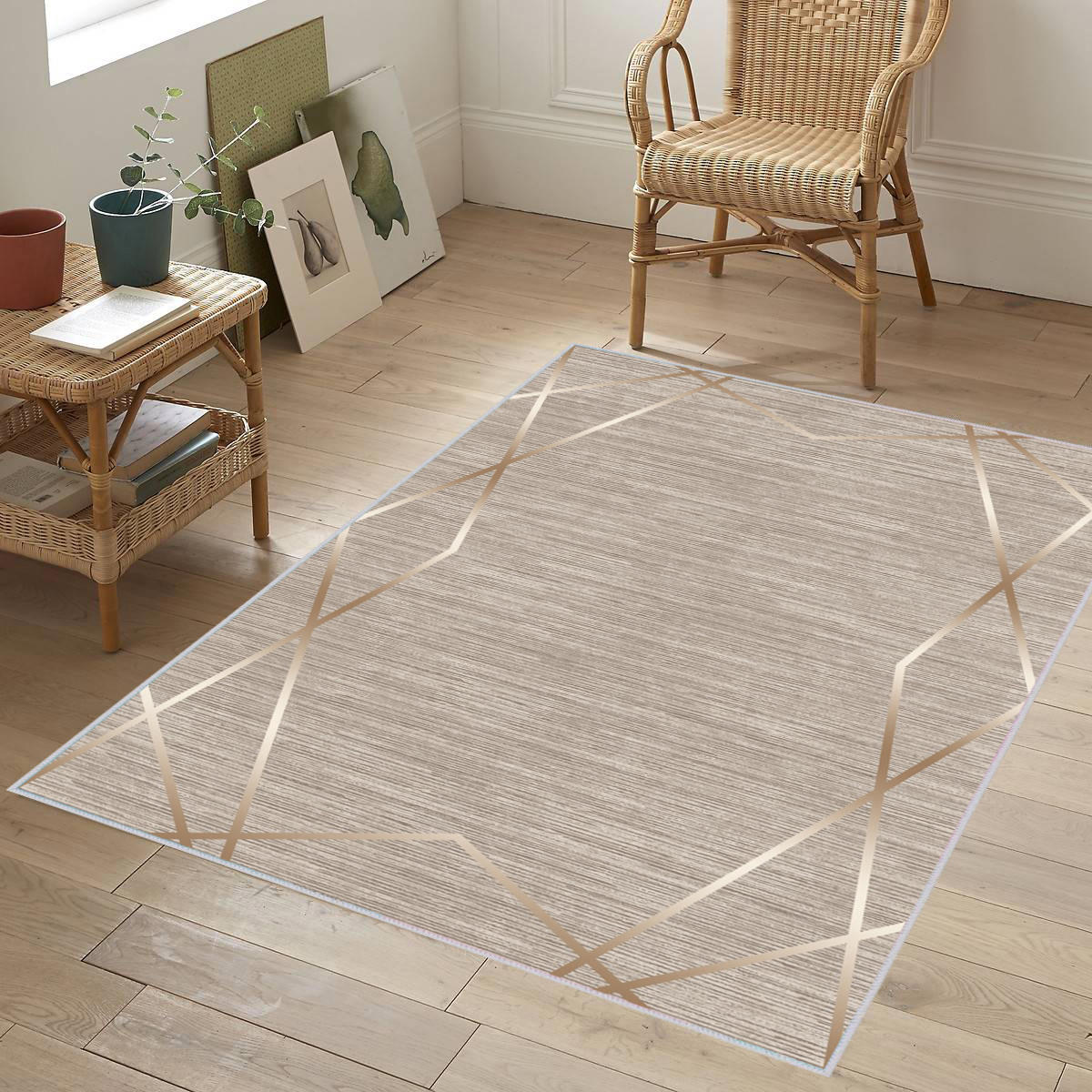 Rovigo Home RVG1284 Krem 8 mm Polyester Leke Tutmaz-Toz Tutmaz Yıkanabilir İnce Kaymaz Dot Taban Dikdörtgen Makine Dokuma Salon Halısı 200x200 cm