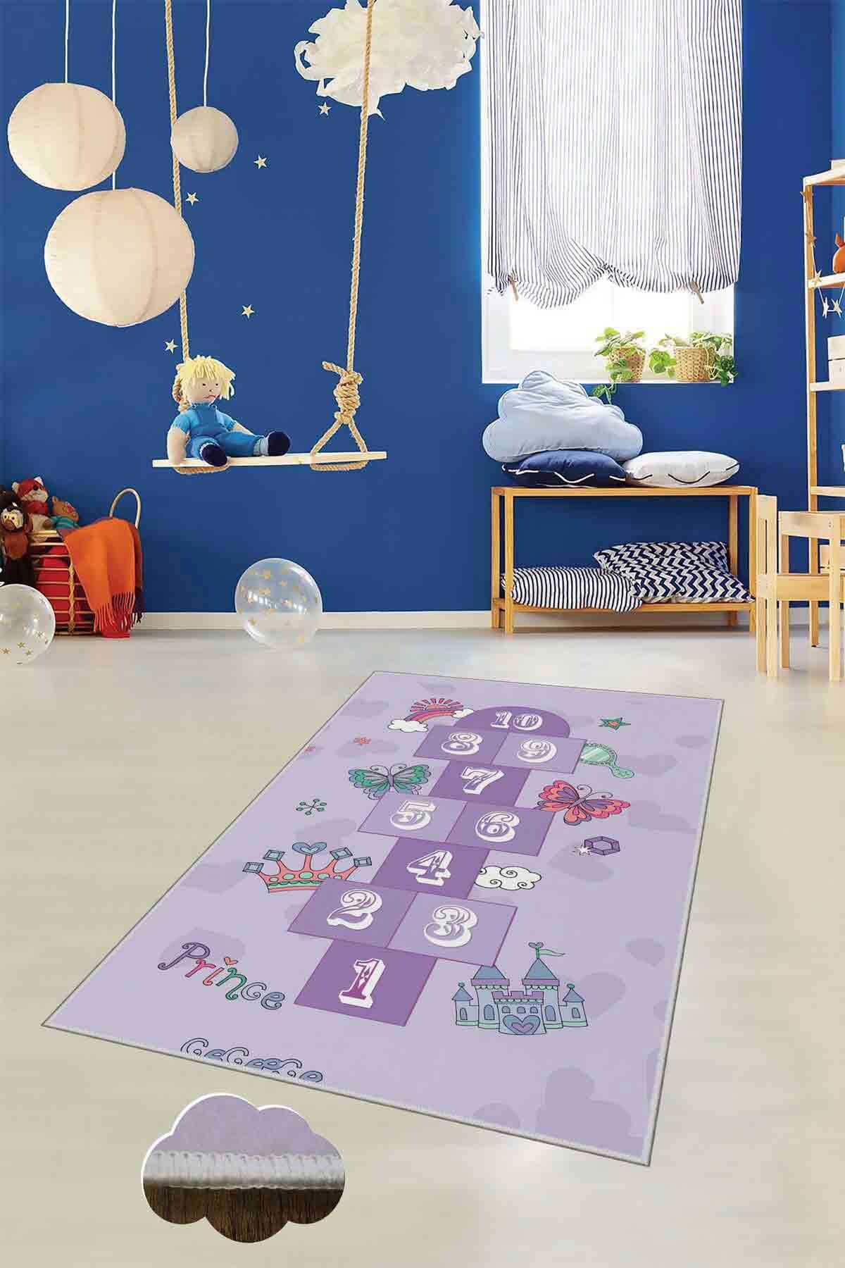 Homefesto Krem 5 mm Polyester Leke Tutmaz Yıkanabilir İnce Kaymaz Taban Yazılı Dikdörtgen Makine Dokuma Çocuk Odası Halısı 80x150 cm