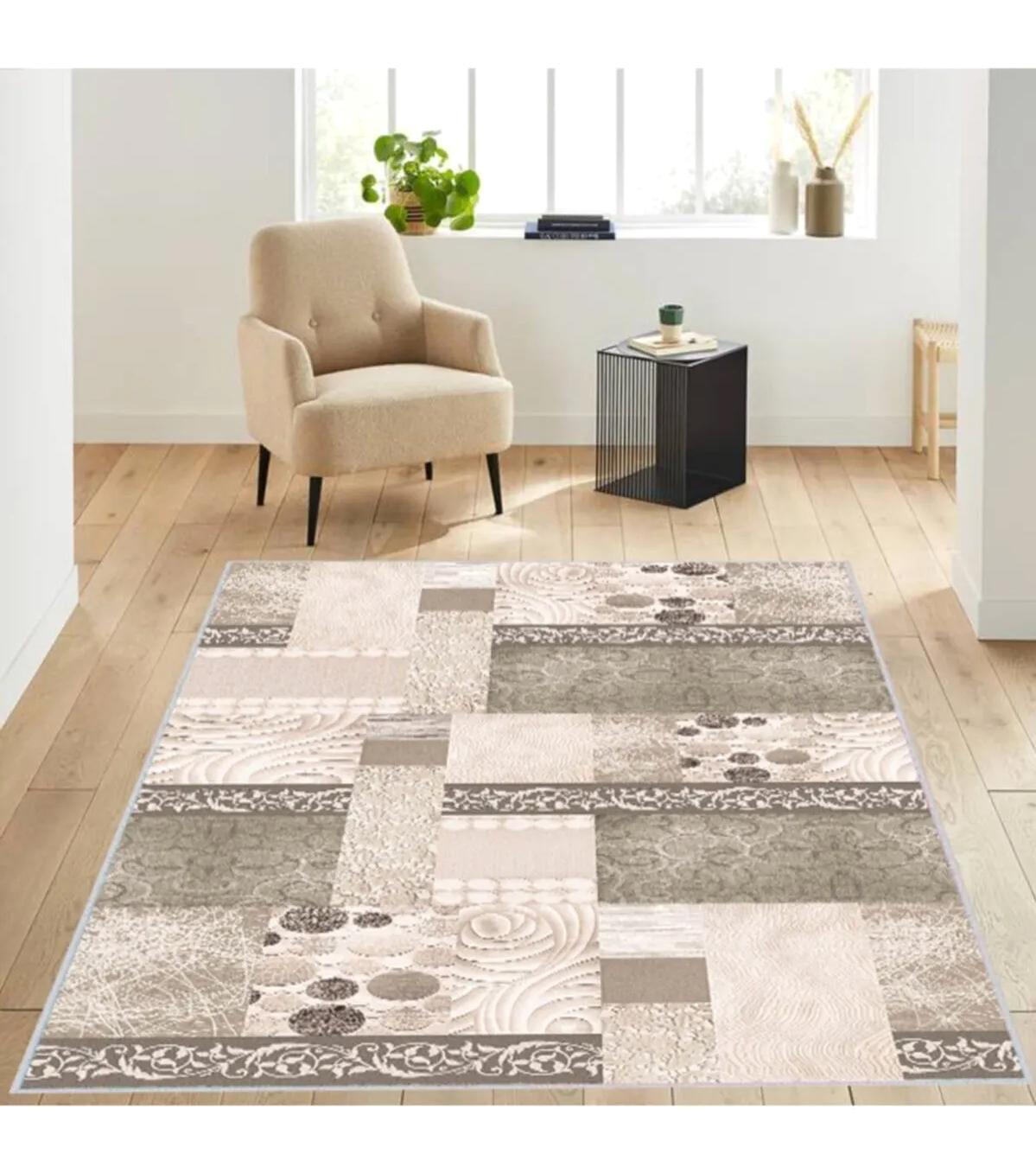 Rovigo Home RVG1314 Krem 8 mm Polyester Leke Tutmaz-Toz Tutmaz Yıkanabilir İnce Kaymaz Dot Taban Dikdörtgen Makine Dokuma Salon Halısı 180x280 cm