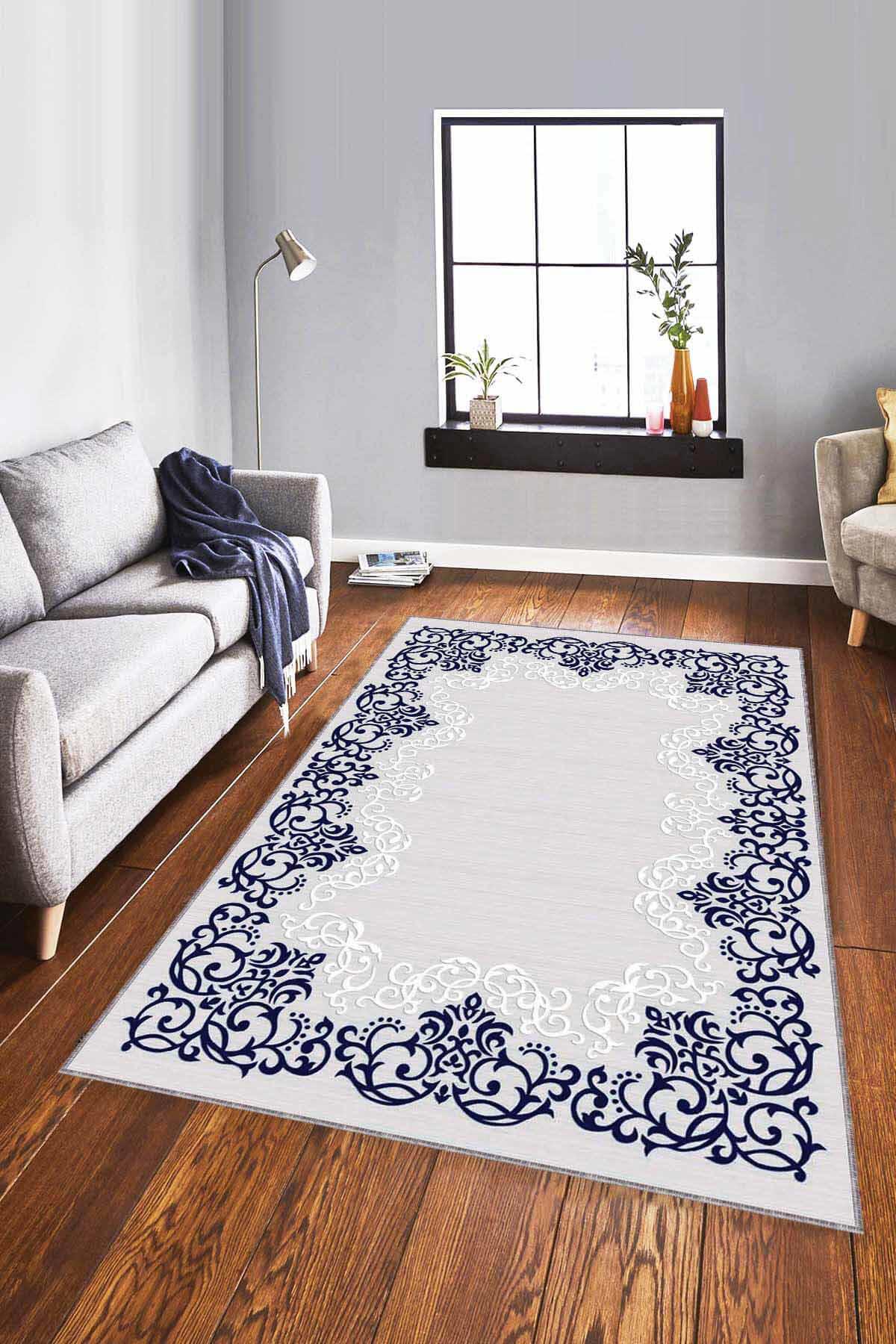 Viva Home MK63 Lacivert 7 mm Mikropolyester Leke tutmaz Yıkanabilir İnce Kaymaz Dikdörtgen Makine Dokuma Salon Halısı 100x200 cm