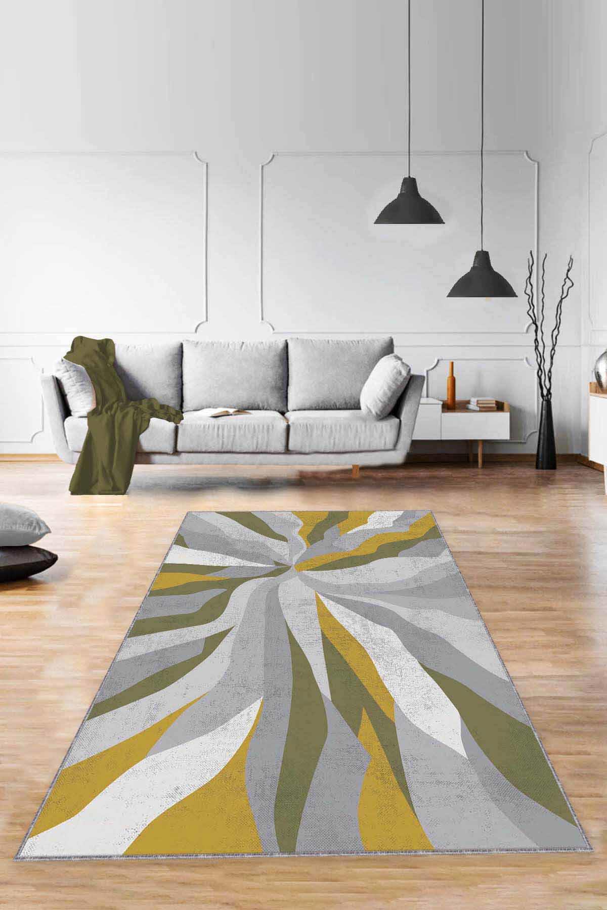 Viva Home ME002 Sarı-Yeşil 7 mm Mikropolyester Yalıtıma Yardımcı Yıkanabilir İnce Kaymaz Taban Dikdörtgen Makine Dokuma Antre-Salon-Yatak Odası Halısı 120x200 cm