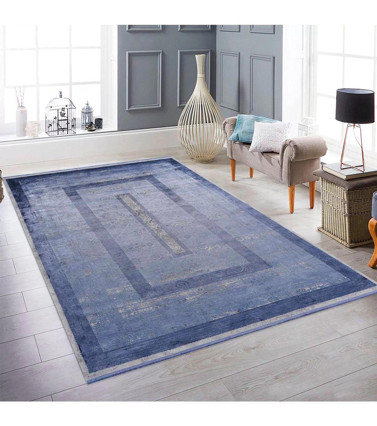 Royal Halı Da Vinci Lacivert 6 mm İpek Toz Tutmaz Yıkanabilir Kalın Kaymaz Lateks Taban Dikdörtgen Makine Dokuma Salon Halısı 180x180 cm