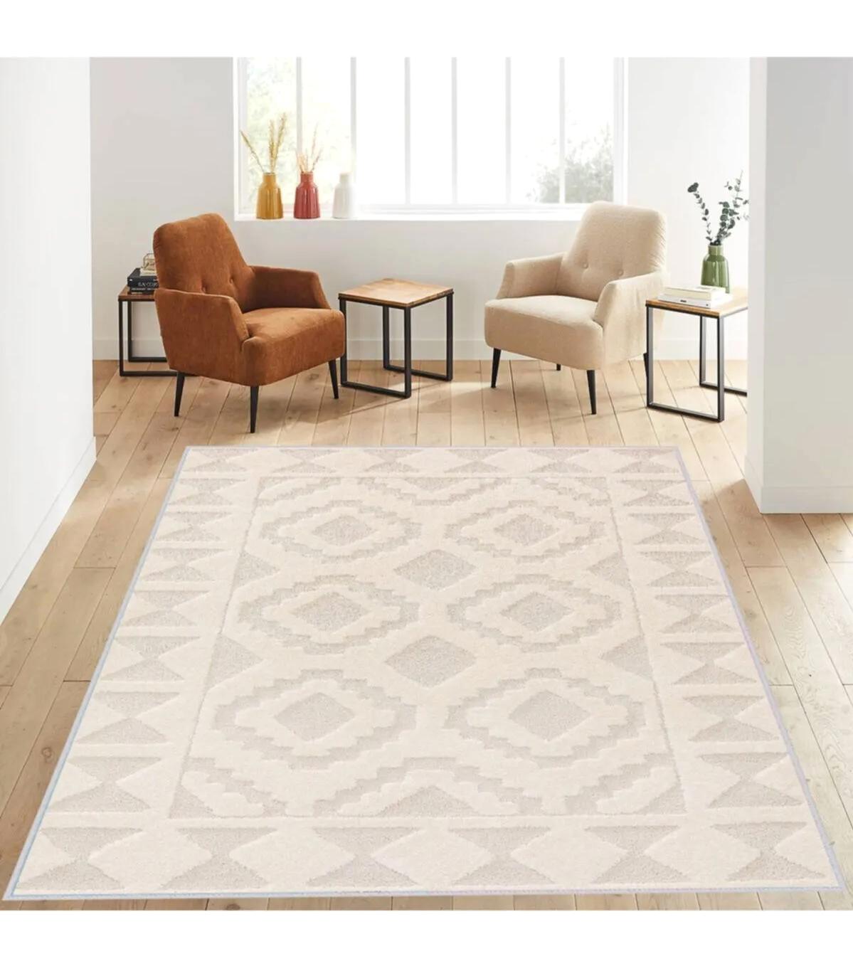 Rovigo Home RVG1223 Krem 8 mm Polyester Antibakteriyel-Leke Tutmaz-Toz Tutmaz Yıkanabilir İnce Kaymaz Dot Taban Dikdörtgen Makine Dokuma Salon Halısı 80x200 cm