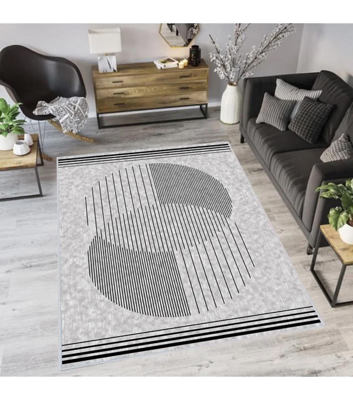 Rovigo Home RVG0053-SD1161 Gri 8 mm Polyester Antibakteriyel Yıkanabilir Orta Kaymaz Dot Taban Dikdörtgen Makine Dokuma Salon Halısı 120x180 cm