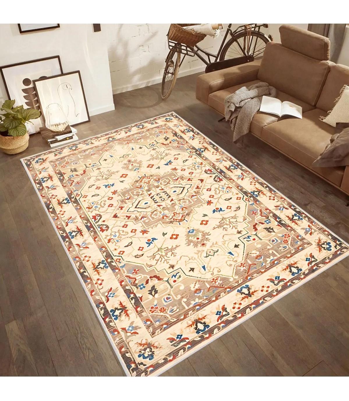 Rovigo Home RVG0441 Krem 8 mm Polyester Antibakteriyel-Leke Tutmaz-Toz Tutmaz Yıkanabilir İnce Kaymaz Dot Taban Dikdörtgen Makine Dokuma Salon Halısı 120x120 cm