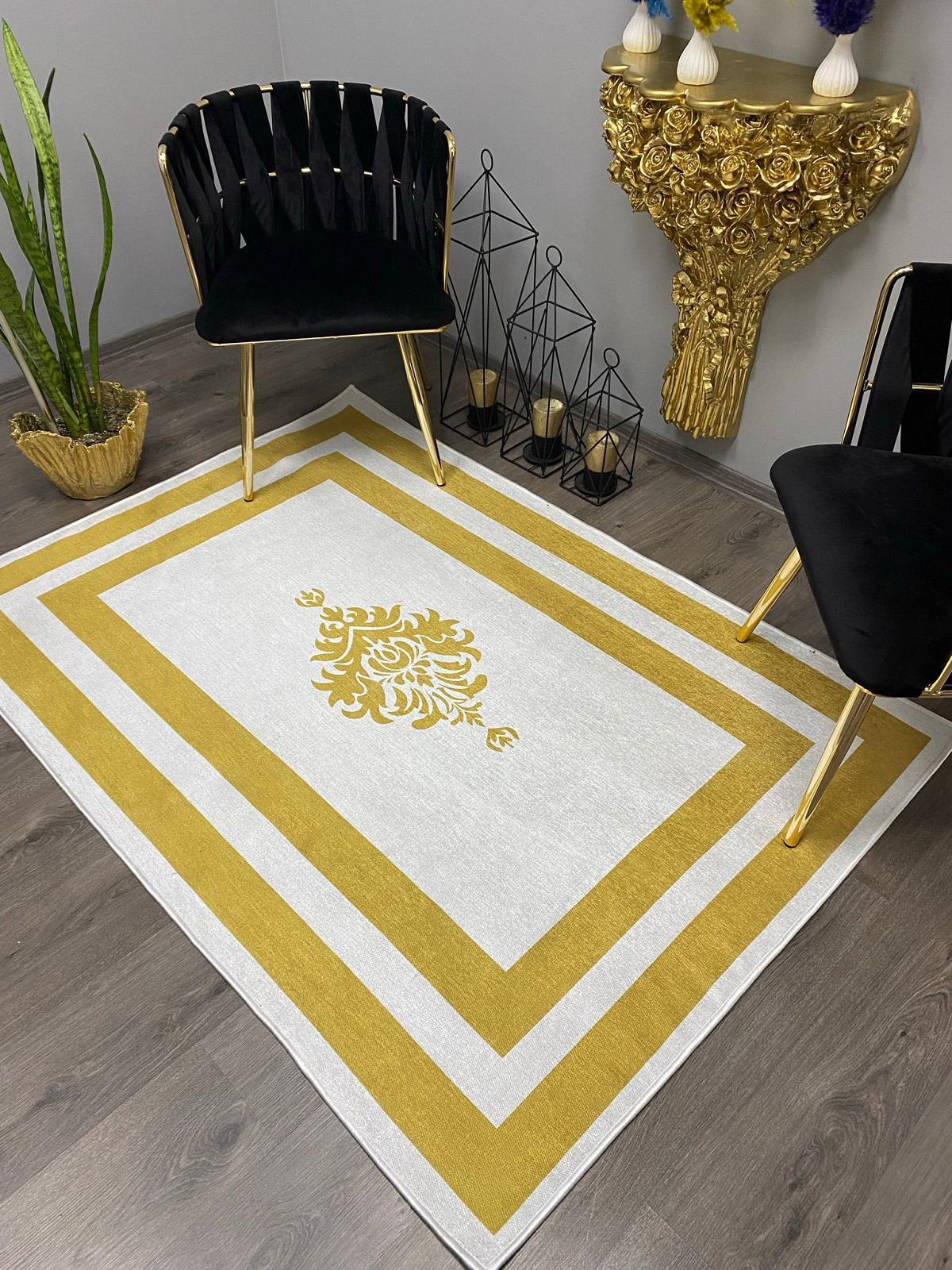 Halı Furyası Tura Altın - Beyaz 8 mm Polyester Antibakteriyel Yıkanabilir İnce Kaymaz Dikdörtgen Makine Dokuma Salon Halısı 100x200 cm