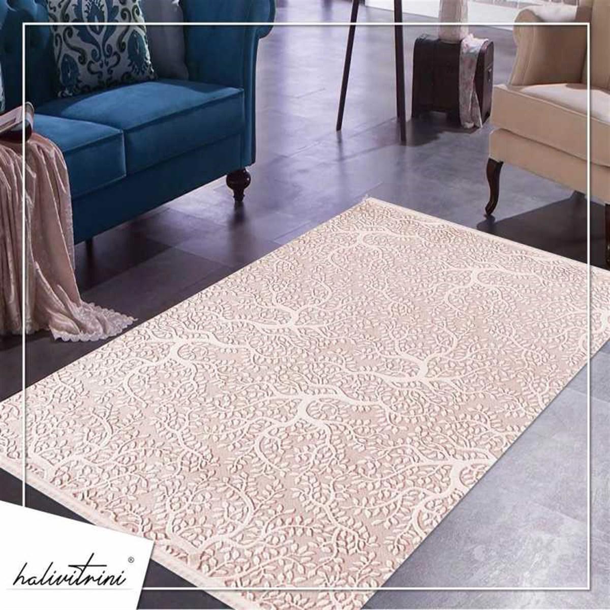 Dinarsu Nisan 15908 Pembe 11 mm Akrilik Silinebilir Yıkanabilir Orta Kaymaz Dikdörtgen Makine Dokuma Salon Halısı 100x150 cm