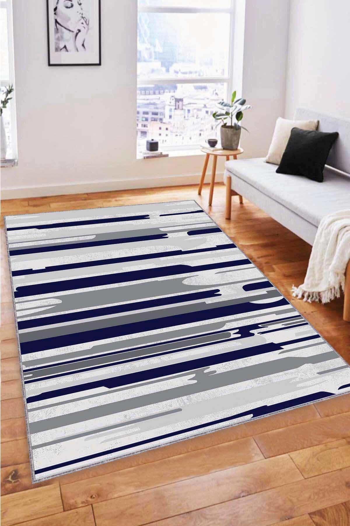 Viva Home FH04 Lacivert 7 mm Mikropolyester Antibakteriyel Yıkanabilir İnce Kaymaz Dikdörtgen Makine Dokuma Salon Halısı 160x230 cm