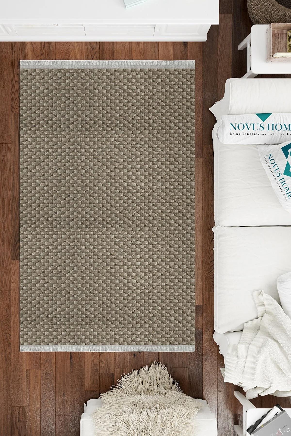 Novus Home Cotton Serisi Kahverengi - Krem 5 mm Pamuk Antibakteriyel-Toz Tutmaz-Yalıtıma Yardımcı Yıkanabilir İnce Kaymaz Taban Dikdörtgen Makine Dokuma Antre-Salon-Yatak Odası Halısı 100x160 cm