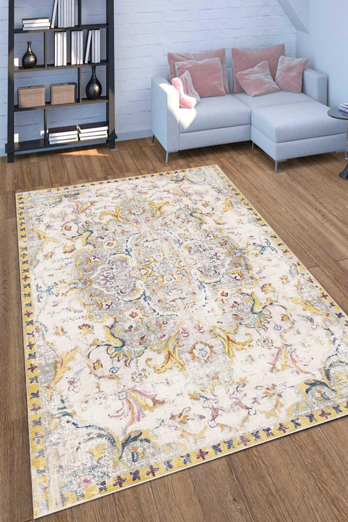 Aida Home Renne Krem 0.5 mm Pamuk Antibakteriyel Yıkanabilir Kalın Kaymaz Pamuk Taban Dikdörtgen Makine Dokuma Salon Halısı 120x180 cm