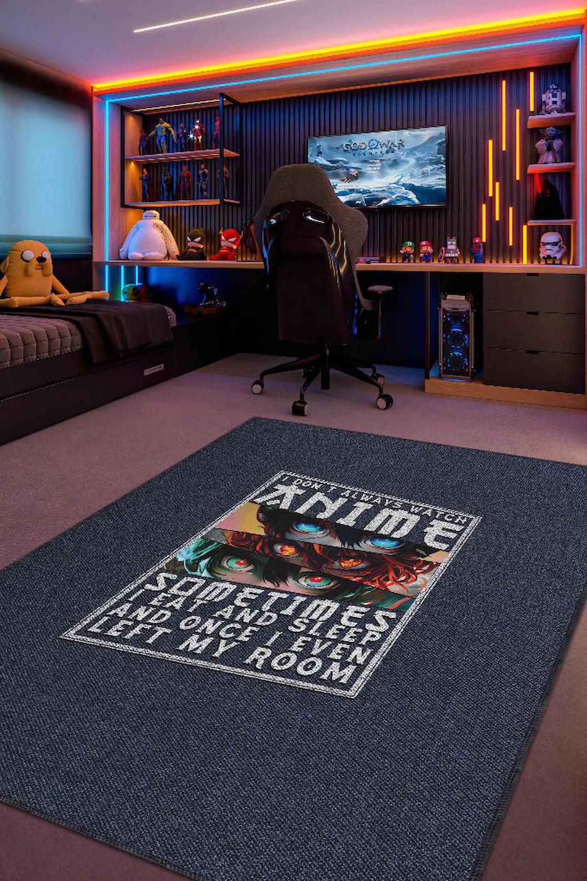 Homshtag Anime Çok Renkli 4 mm Pamuk Antistatik Yıkanabilir İnce Kaymaz Dikdörtgen Makine Dokuma Genç Odası Halısı 160x230 cm
