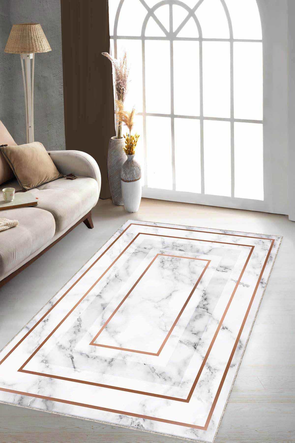 Viva Home RV005 Bakır 7 mm Mikropolyester Yıkanabilir İnce Kaymaz Jüt Taban Dikdörtgen Makine Dokuma Salon Halısı 80x150 cm