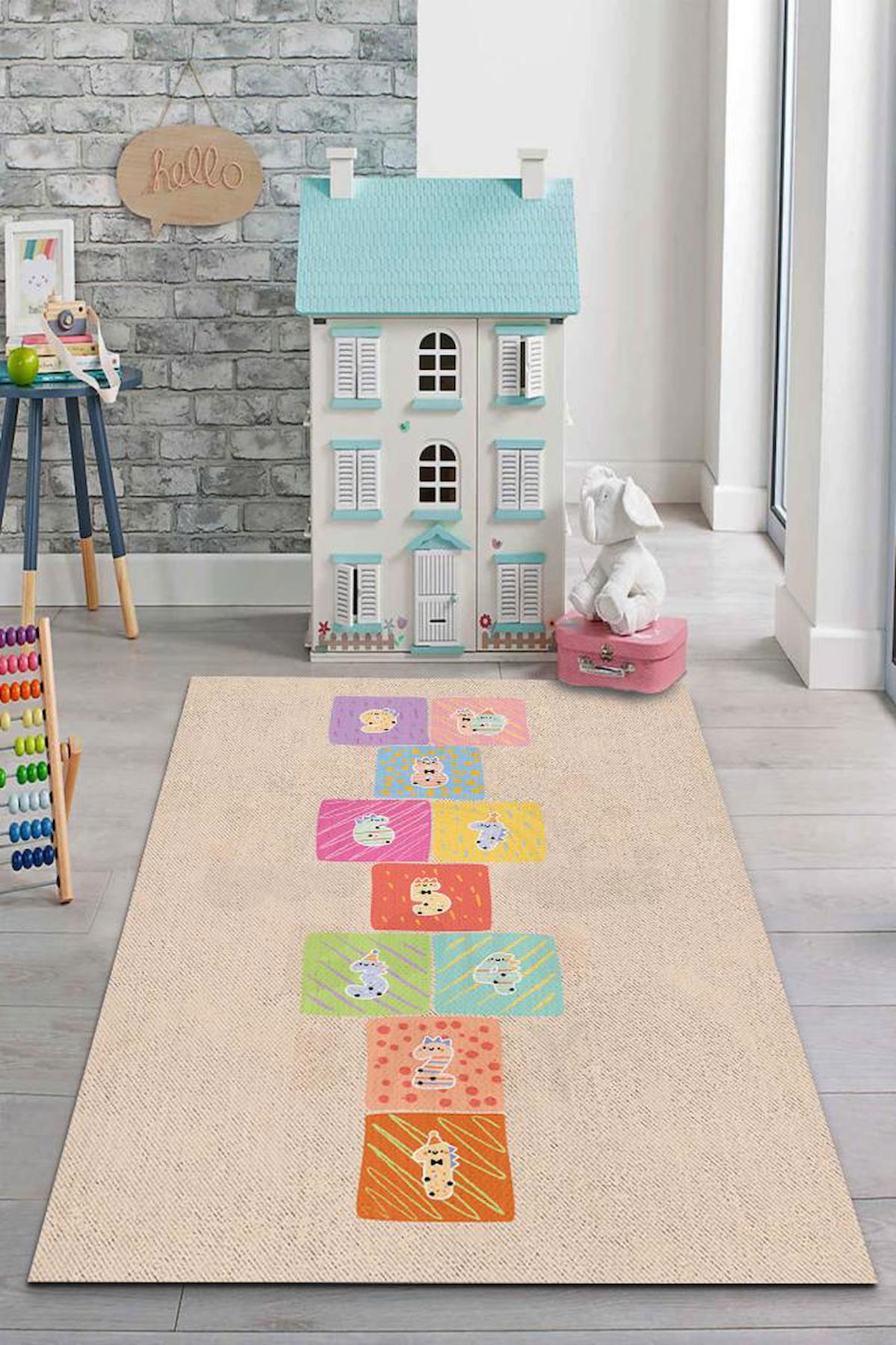 Homshtag Seksek Krem 4 mm Pamuk Antistatik Yıkanabilir İnce Kaymaz Dikdörtgen Makine Dokuma Çocuk Odası Halısı 180x280 cm