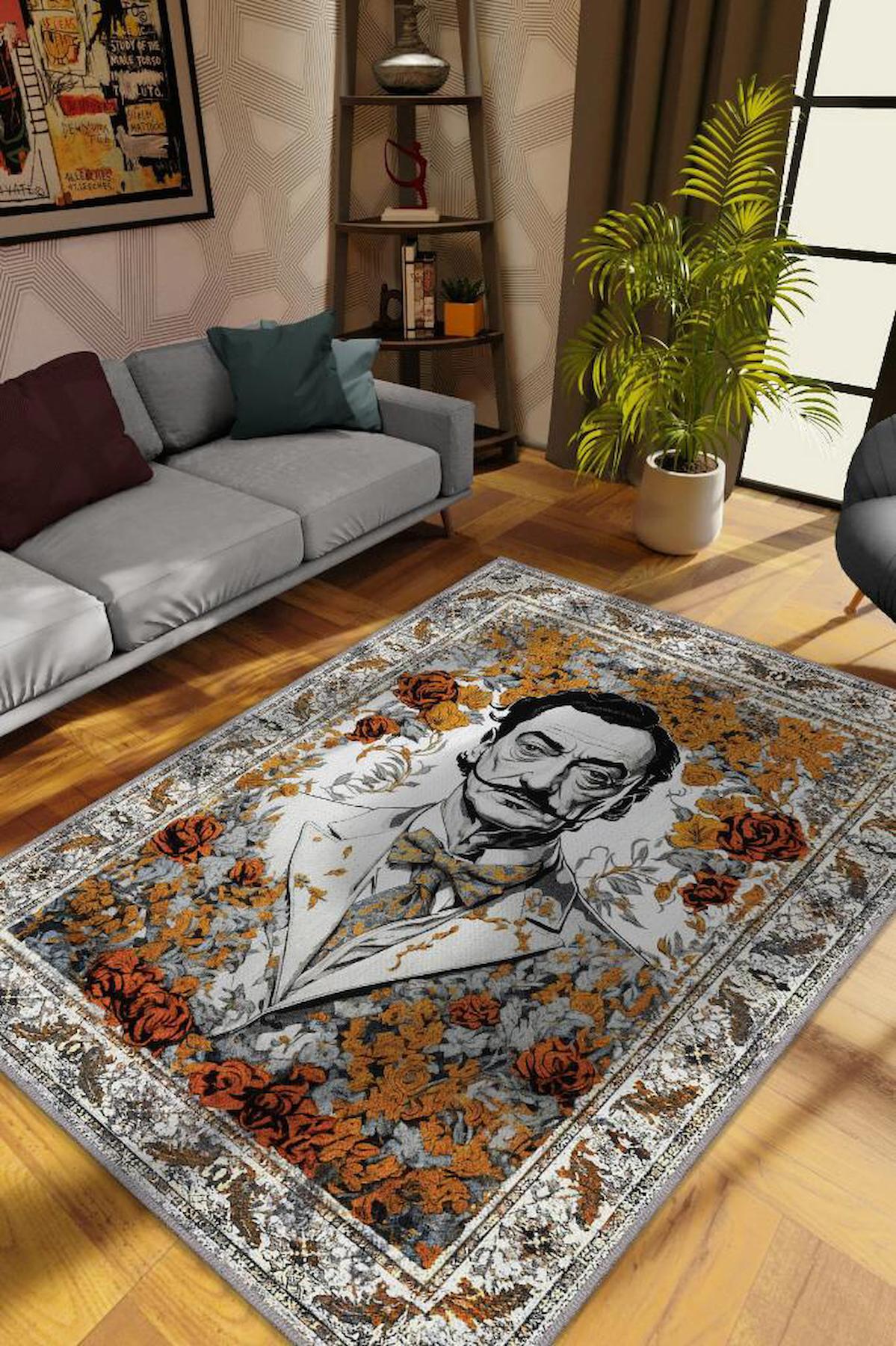 Homshtag Salvador Dali Krem 4 mm Pamuk Antistatik Yıkanabilir İnce Kaymaz Dikdörtgen Makine Dokuma Salon Halısı 140x200 cm