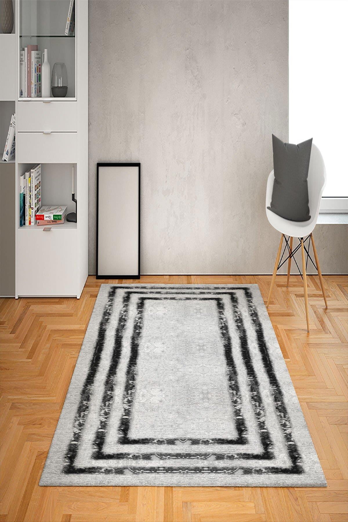 Doruklar Home Collection Gri-Siyah 0.7 mm Antibakteriyel Yıkanabilir Kalın Kaymaz Taban Dikdörtgen Makine Dokuma Salon Halısı 230x330 cm