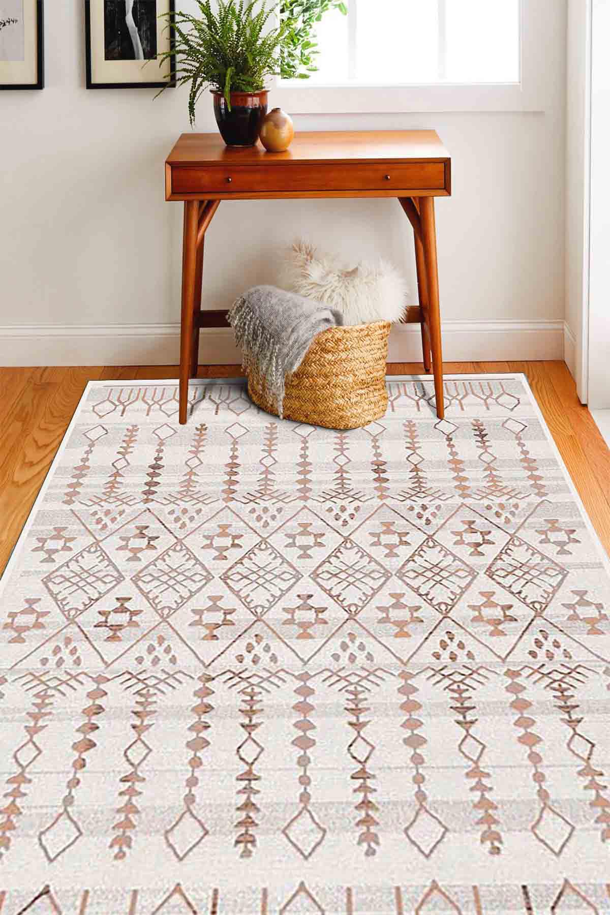 Latte Dizayn Derek Krem 0.5 mm Pamuk Antibakteriyel Yıkanabilir İnce Kaymaz Pamuk Taban Dikdörtgen Makine Dokuma Salon Halısı 200x290 cm