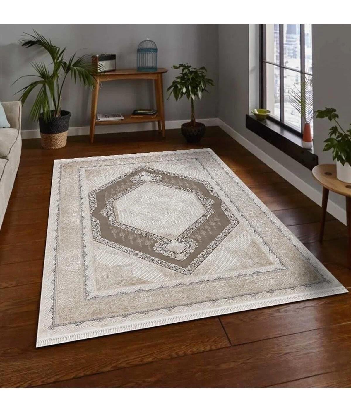 Merinos Rodin 19769 Bej-Kahverengi Mikropolyester Yıkanabilir Kalın Kaymaz Lateks Taban Dikdörtgen Makine Dokuma Salon Halısı