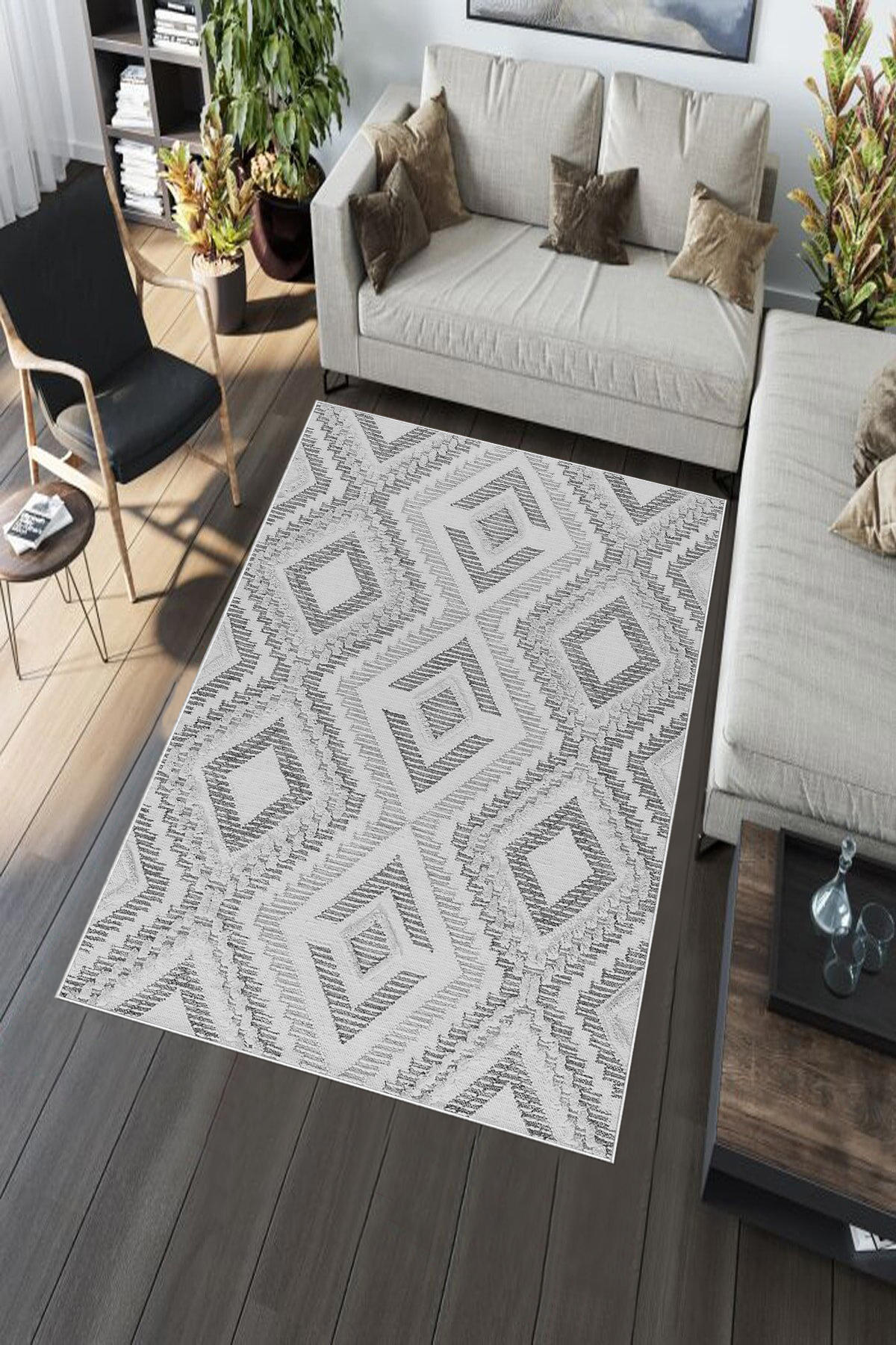 Aldora Beyaz-Gri 0.8 mm Polipropilen Yıkanabilir Orta Kaymaz Deri Taban Dikdörtgen Makine Dokuma Salon Halısı 200x290 cm