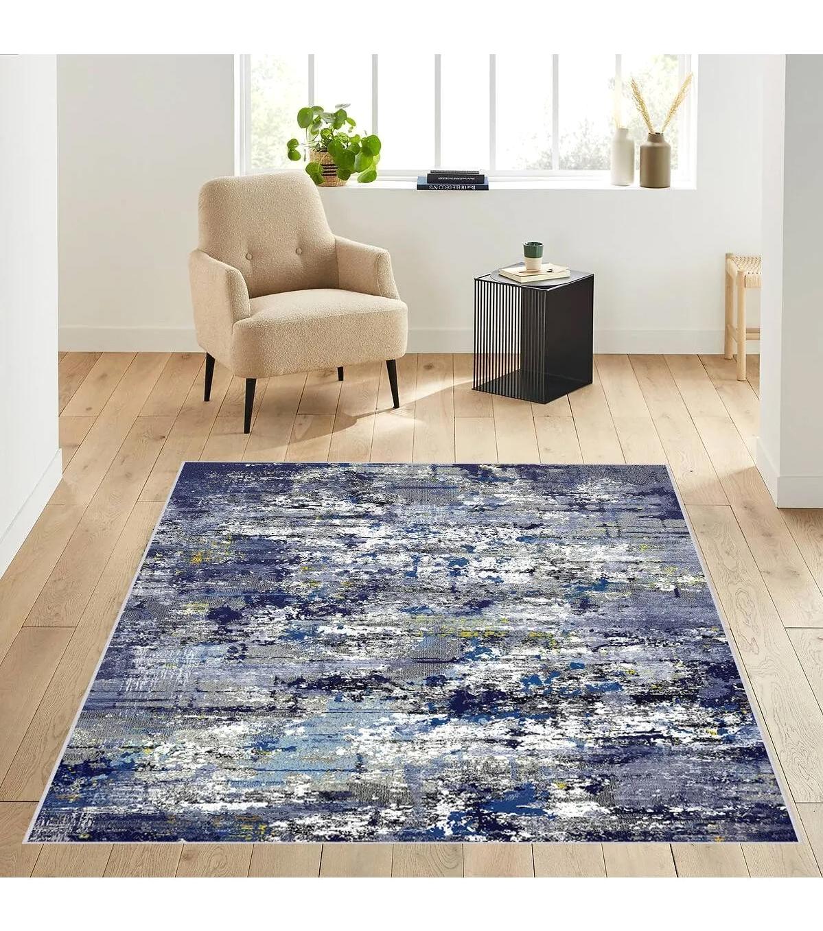 Rovigo Home RVG1895-SD043 Beyaz-Mavi 8 mm Polyester Antibakteriyel-Leke Tutmaz-Toz Tutmaz Yıkanabilir İnce Kaymaz Dot Taban Dikdörtgen Makine Dokuma Salon Halısı 80x150 cm