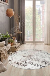 Dijidekor K1280 Bej-Gri 6 mm Polyester Antibakteriyel Yıkanabilir Orta Kaymaz Dot Taban Yuvarlak Makine Dokuma Salon Halısı 80x300 cm