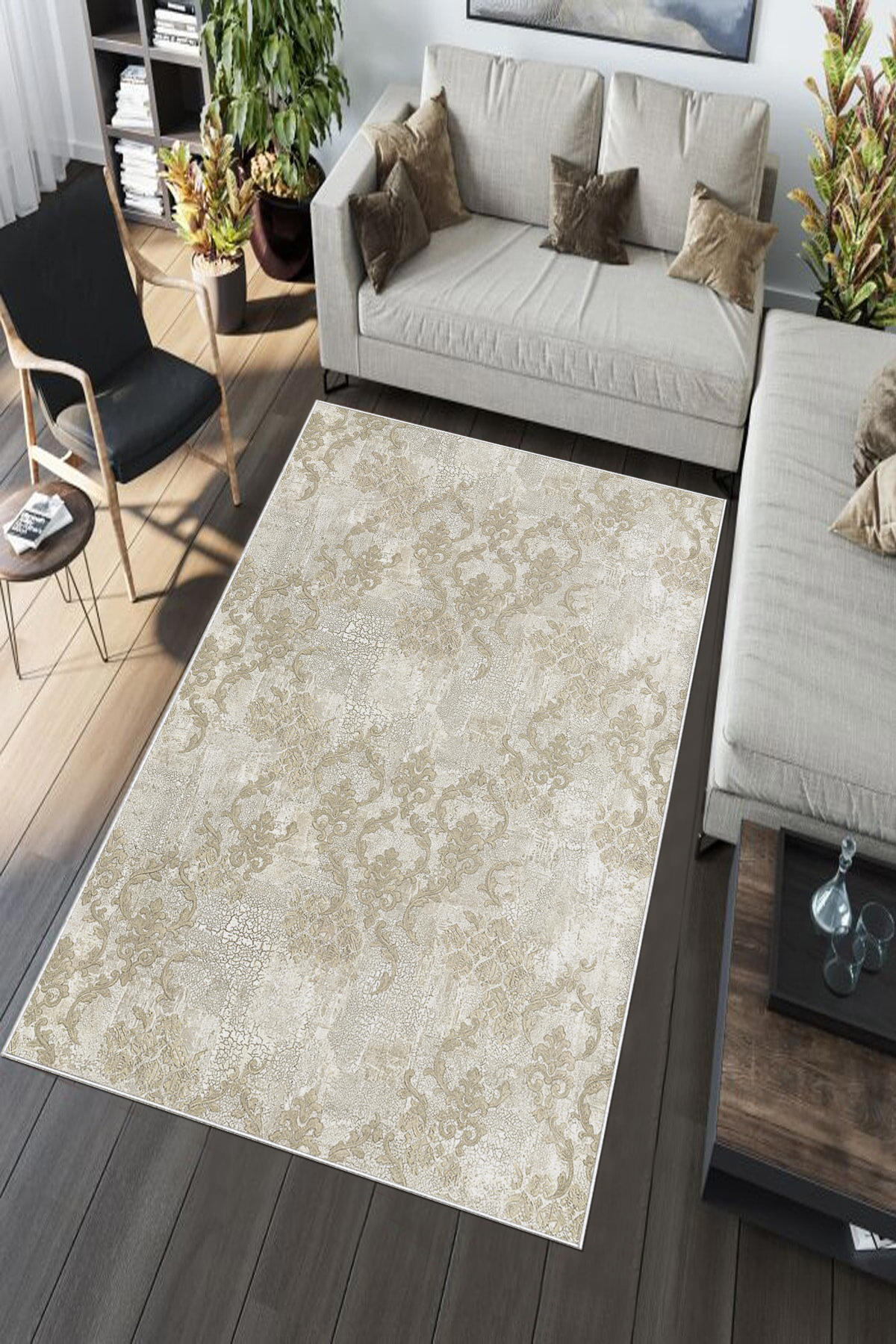 Aldora Altın - Beyaz 0.8 mm Polipropilen Yıkanabilir Orta Kaymaz Deri Taban Dikdörtgen Makine Dokuma Salon Halısı 180x180 cm
