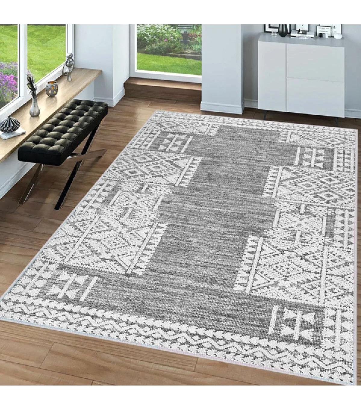 Rovigo Home RVG0050-SD1138 Gri 8 mm Polyester Yıkanabilir Orta Kaymaz Dot Taban Dikdörtgen Makine Dokuma Salon Halısı 120x180 cm