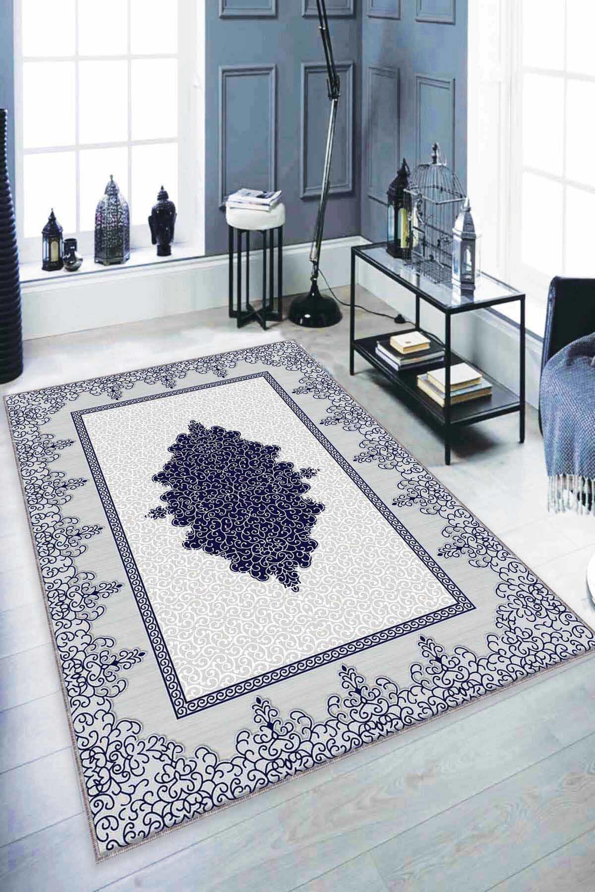 Viva Home MK67 Lacivert 7 mm Mikropolyester Leke tutmaz Yıkanabilir İnce Kaymaz Dot Taban Dikdörtgen Makine Dokuma Salon Halısı 120x200 cm