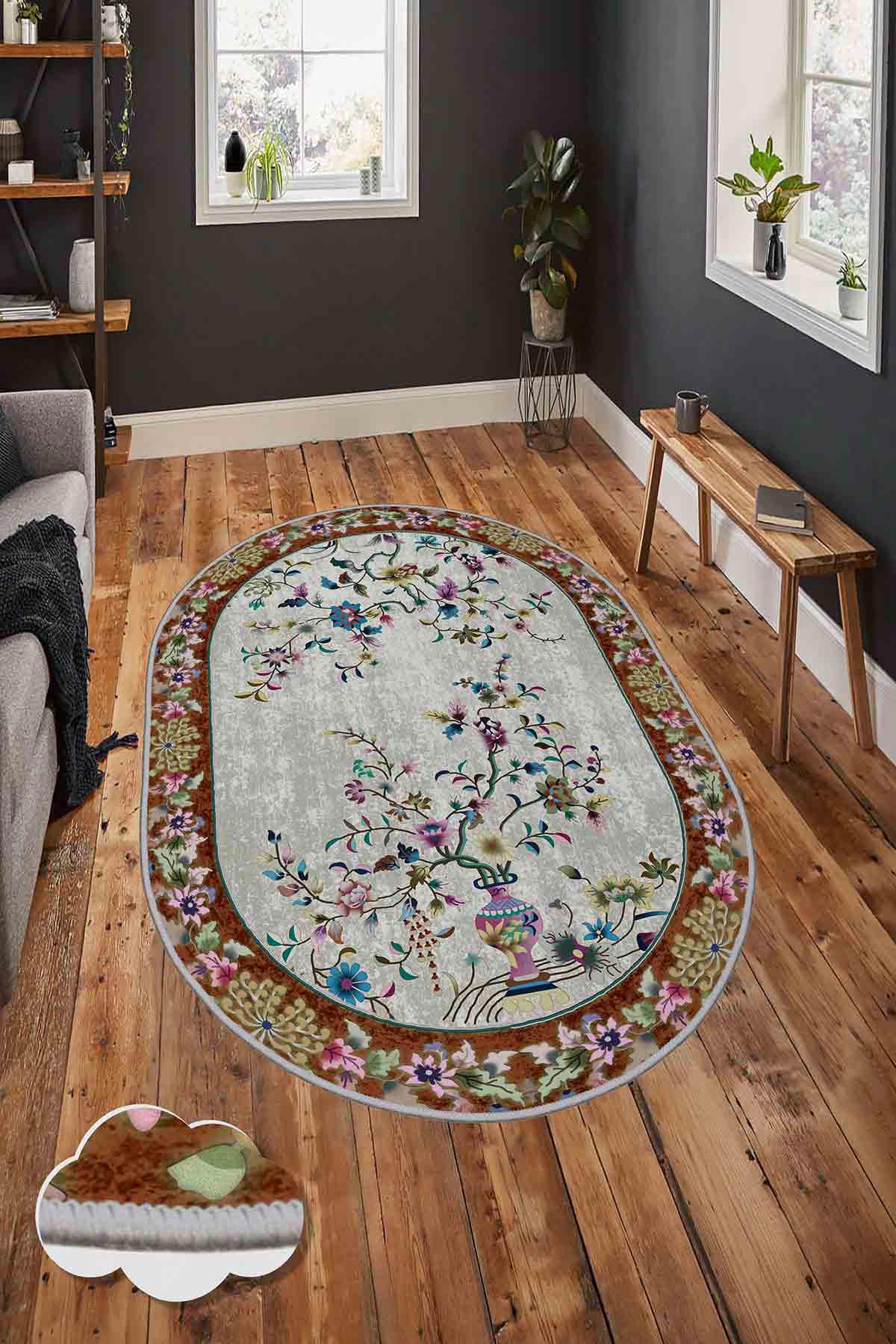 Homefesto Krem 5 mm Polyester Leke Tutmaz Yıkanabilir İnce Kaymaz Taban Çiçek Desenli Oval Makine Dokuma Salon Halısı 80x300 cm