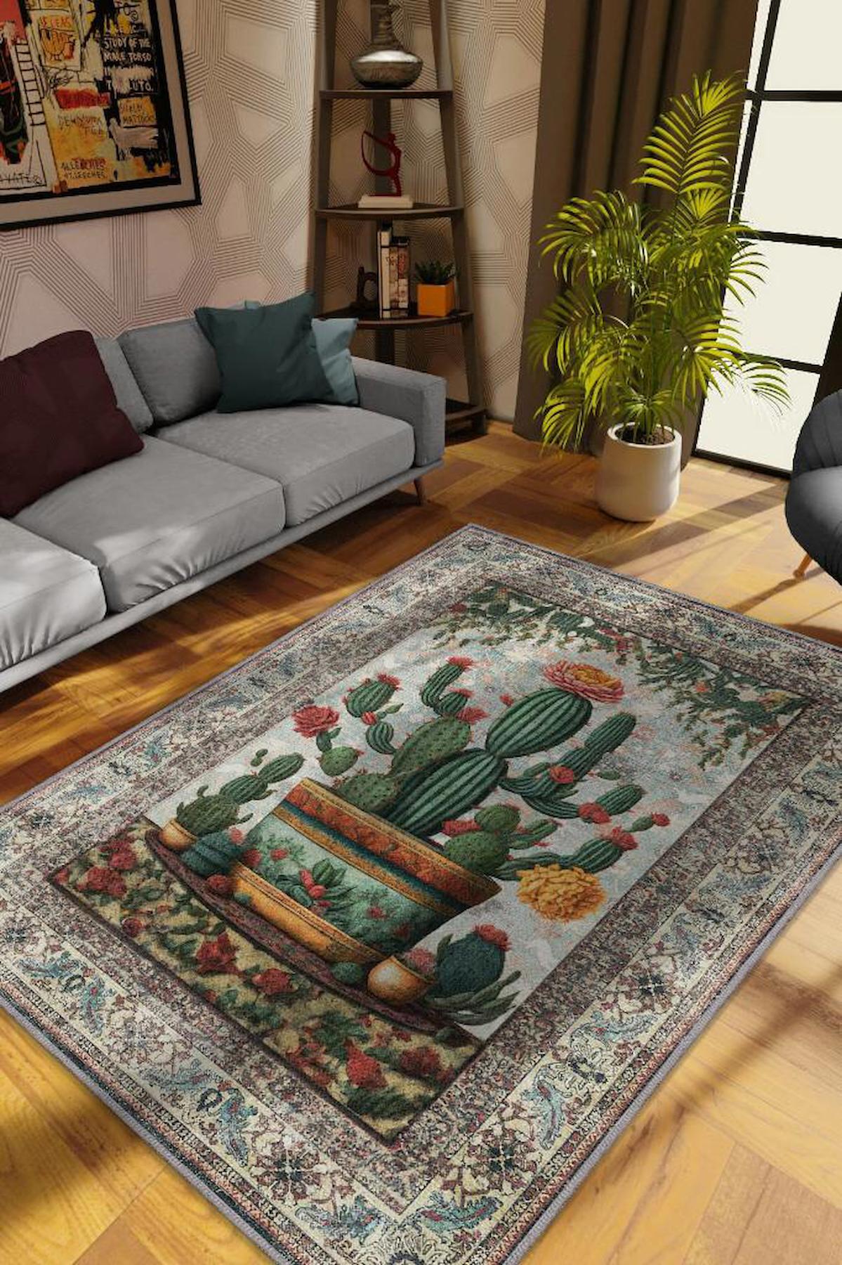 Homshtag Kaktüs Krem 4 mm Pamuk Antistatik Yıkanabilir İnce Kaymaz Dikdörtgen Makine Dokuma Salon Halısı 195x290 cm