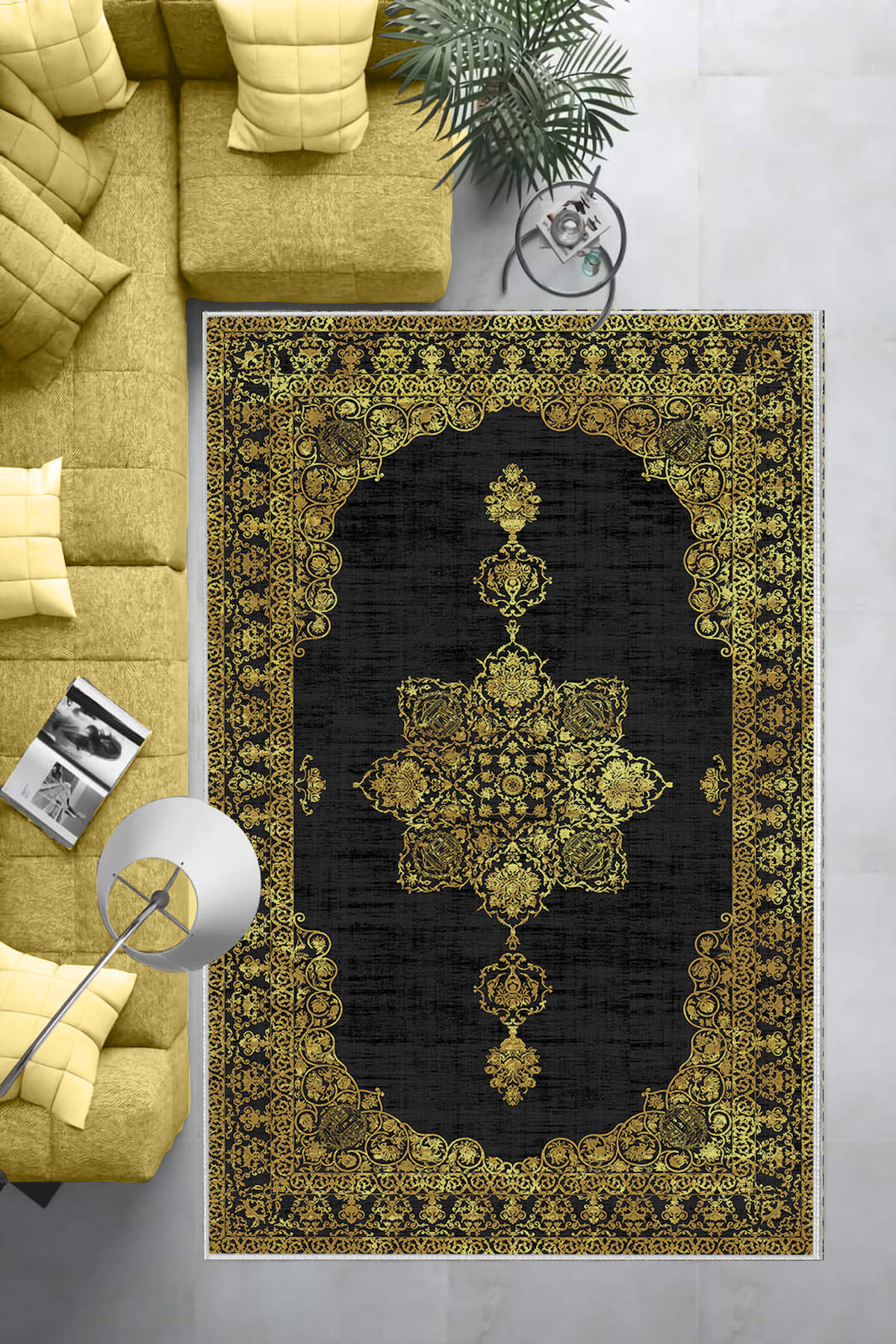Aldora Altın-Siyah 0.8 mm Polipropilen Yıkanabilir Orta Kaymaz Deri Taban Dikdörtgen Makine Dokuma Salon Halısı 120x200 cm