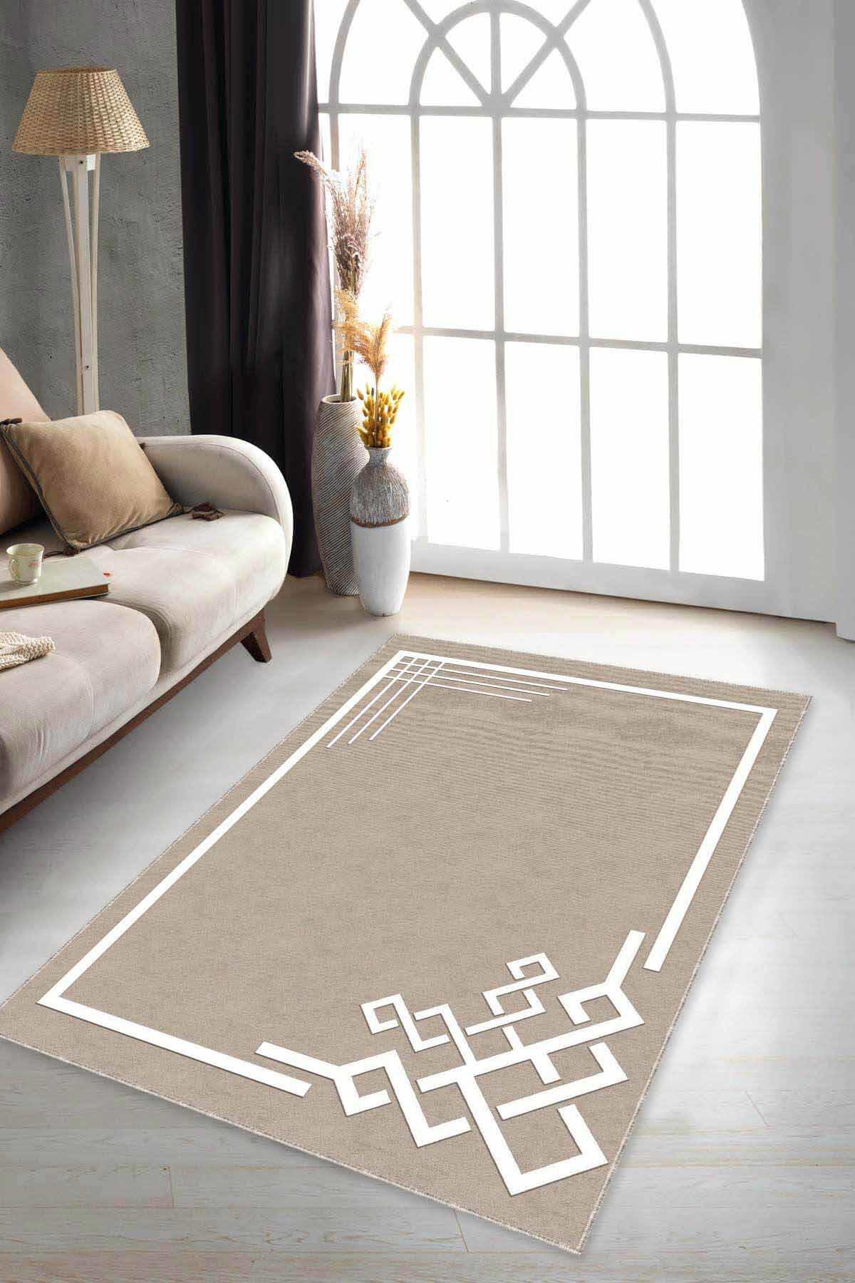 Viva Home AR533 Bej 7 mm Mikropolyester Yıkanabilir İnce Kaymaz Jüt Taban Dikdörtgen Makine Dokuma Salon Halısı 160x230 cm