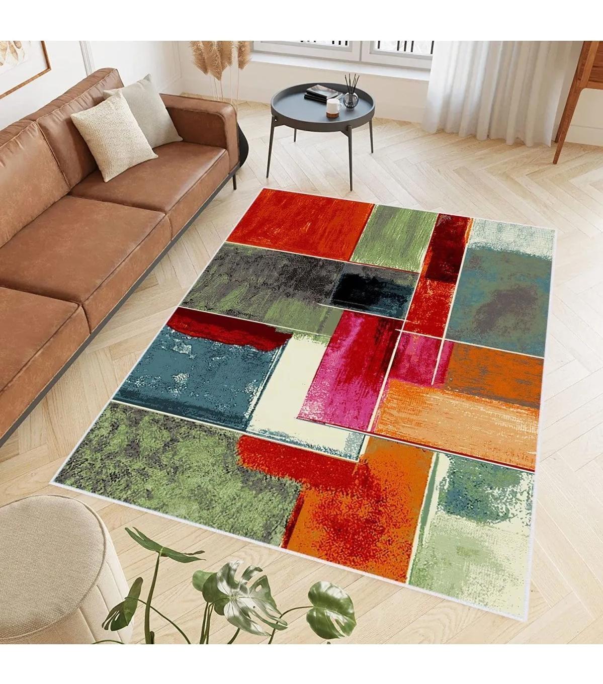 Rovigo Home RVG0622 Çok Renkli 8 mm Polyester Antibakteriyel-Leke Tutmaz-Toz Tutmaz Yıkanabilir İnce Kaymaz Dot Taban Dikdörtgen Makine Dokuma Salon Halısı 160x230 cm