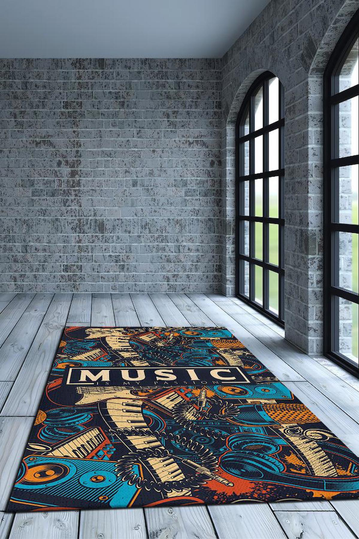 Homshtag Müzik Benim Tutkum Krem 4 mm Pamuk Antistatik Yıkanabilir İnce Kaymaz Dikdörtgen Makine Dokuma Genç Odası Halısı 80x200 cm
