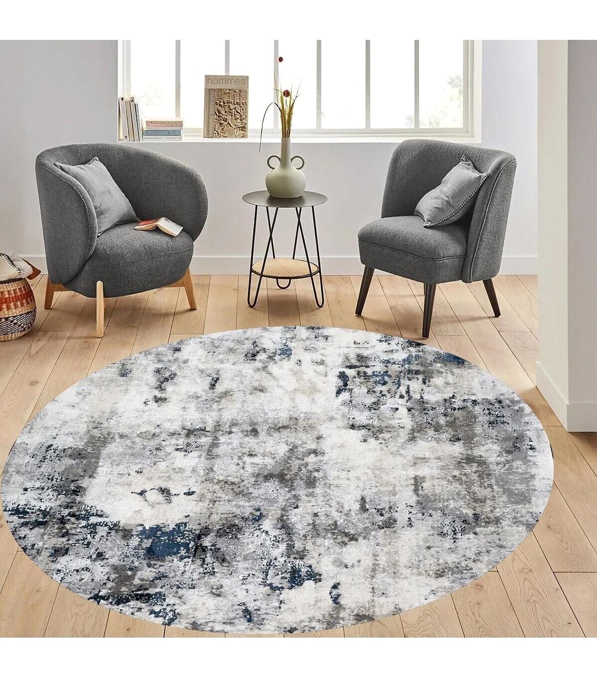 Rovigo Home RVG7322-SD1123 Gri 8 mm Polyester Antibakteriyel-Leke Tutmaz-Toz Tutmaz Yıkanabilir İnce Kaymaz Dot Taban Yuvarlak Makine Dokuma Salon Halısı 100x150 cm