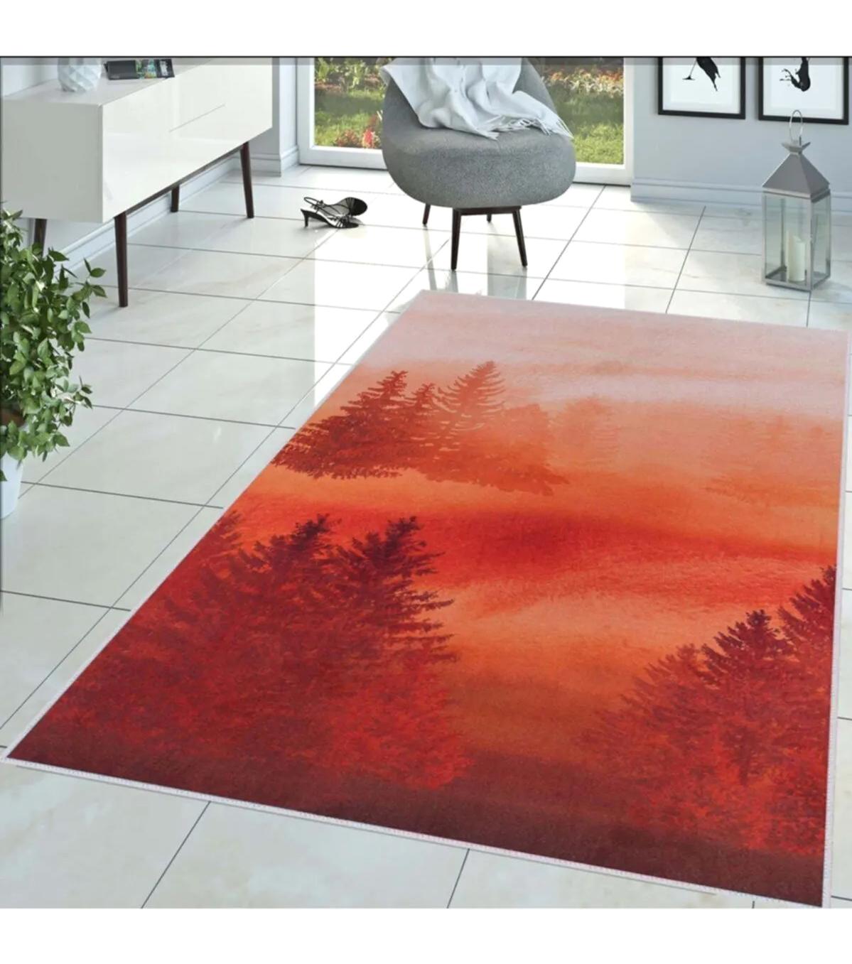 Rovigo Home RVG1438 Kırmızı 8 mm Polyester Leke Tutmaz-Toz Tutmaz Yıkanabilir İnce Kaymaz Dot Taban Dikdörtgen Makine Dokuma Salon Halısı 130x200 cm