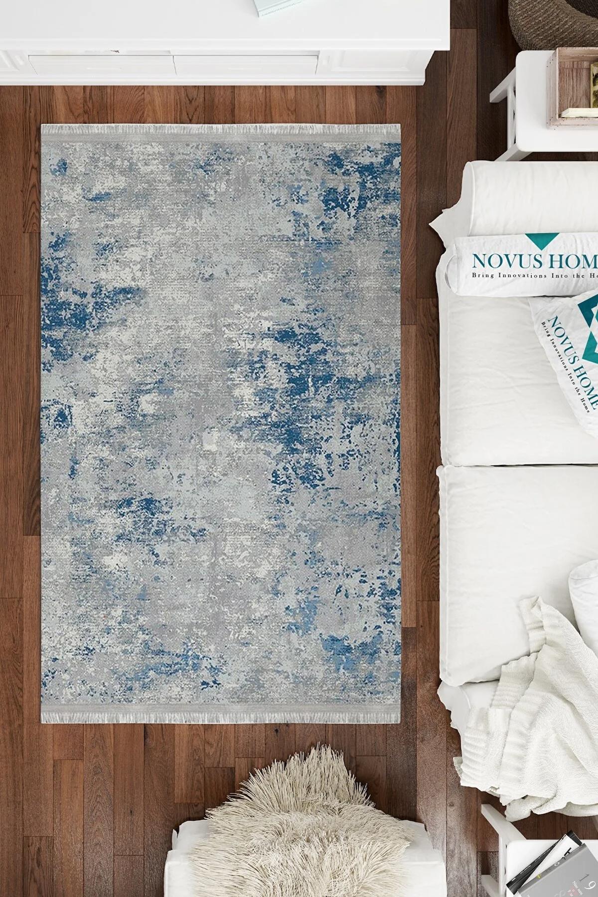 Novus Home Westa Serisi Gri-Mavi 6 mm Pamuk Antibakteriyel-Toz Tutmaz-Yalıtıma Yardımcı Yıkanabilir İnce Kaymaz Taban Dikdörtgen Makine Dokuma Antre-Salon-Yatak Odası Halısı 133x190 cm