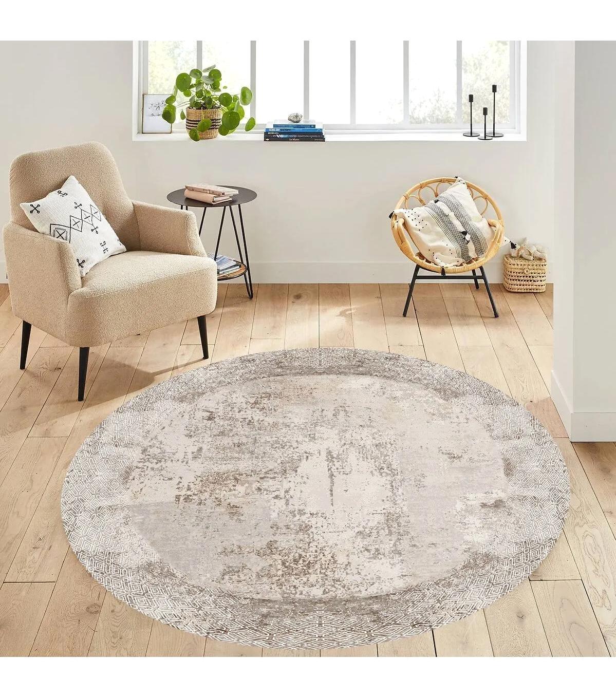 Rovigo Home RVG7299-HT948 Krem 8 mm Polyester Antibakteriyel-Leke Tutmaz-Toz Tutmaz Yıkanabilir İnce Kaymaz Dot Taban Yuvarlak Makine Dokuma Salon Halısı 120x180 cm