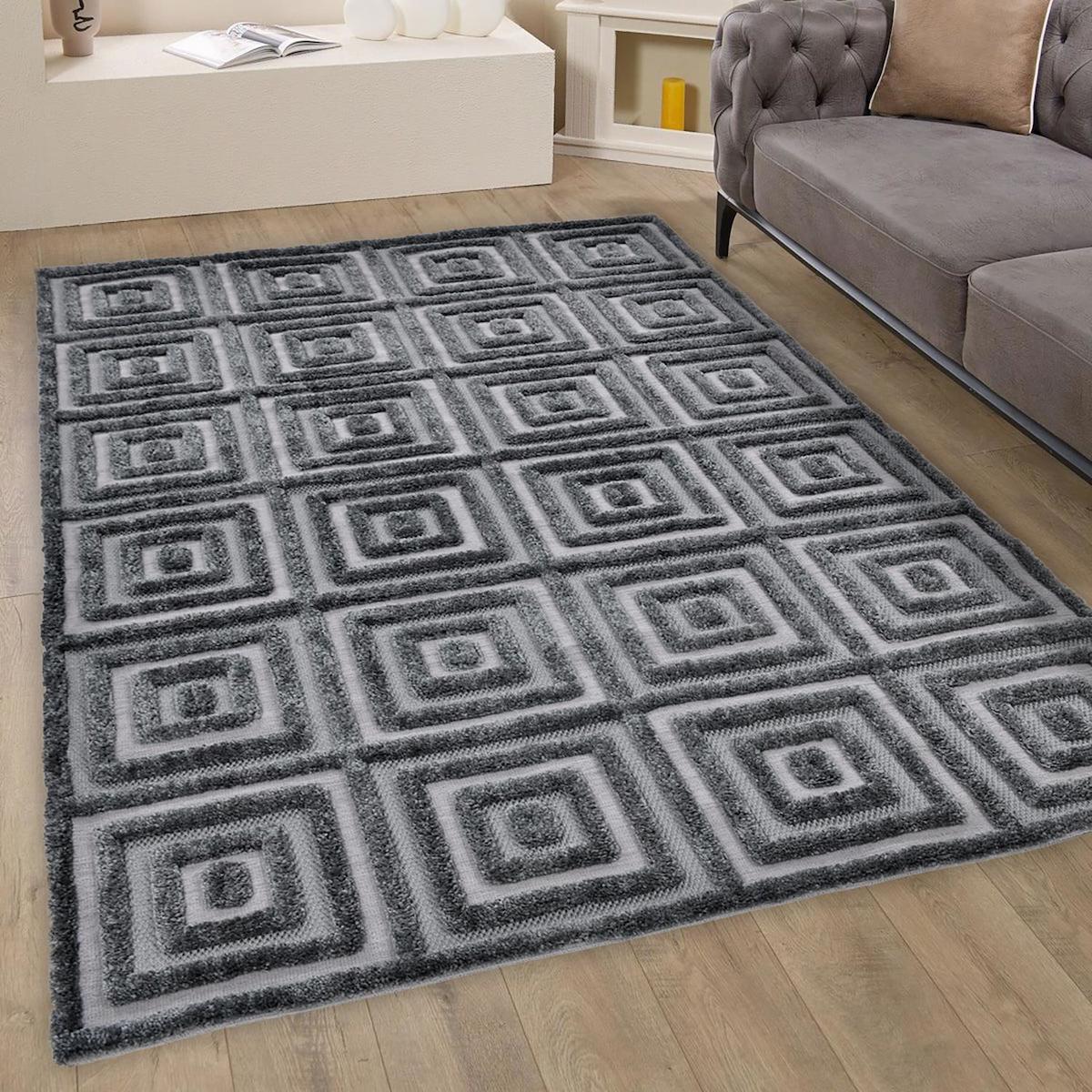 Giza Home Madu 1373Y Gri 20 mm Polyester Toz Tutmaz Yıkanabilir Kalın Kaymaz Geometrik Dikdörtgen Makine Dokuma Çocuk Odası-Yatak Odası Halısı 200x290 cm