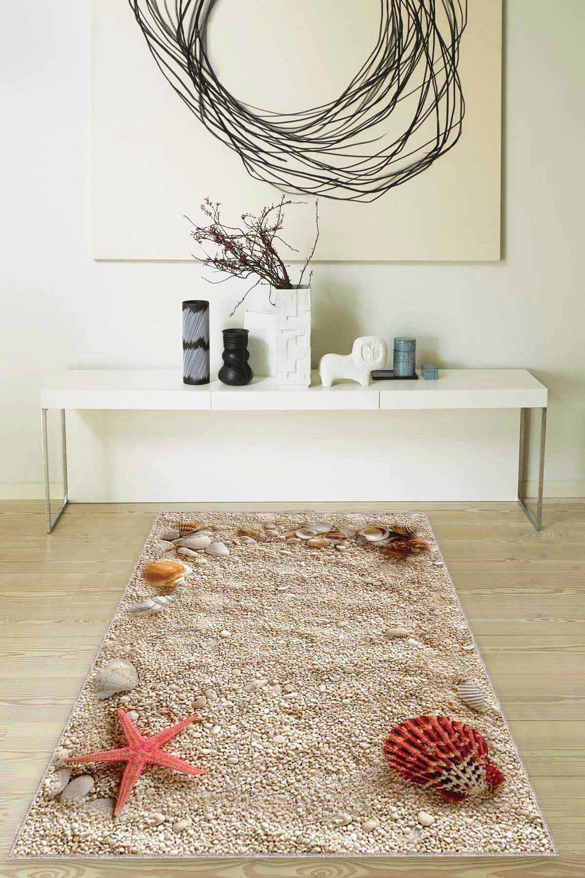 Viva Home MX02 Bej 7 mm Mikropolyester Yıkanabilir İnce Kaymaz Jüt Taban Dikdörtgen Makine Dokuma Salon Halısı 80x300 cm