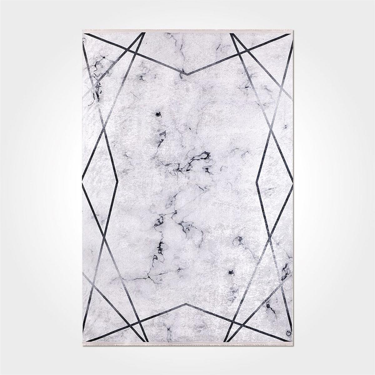 Crea Halı 2104PC Beyaz Pamuk-Polyester Yıkanabilir Orta Kaymaz Pamuk Taban Mermer Desenli Dikdörtgen Makine Dokuma Salon Halısı 200x290 cm
