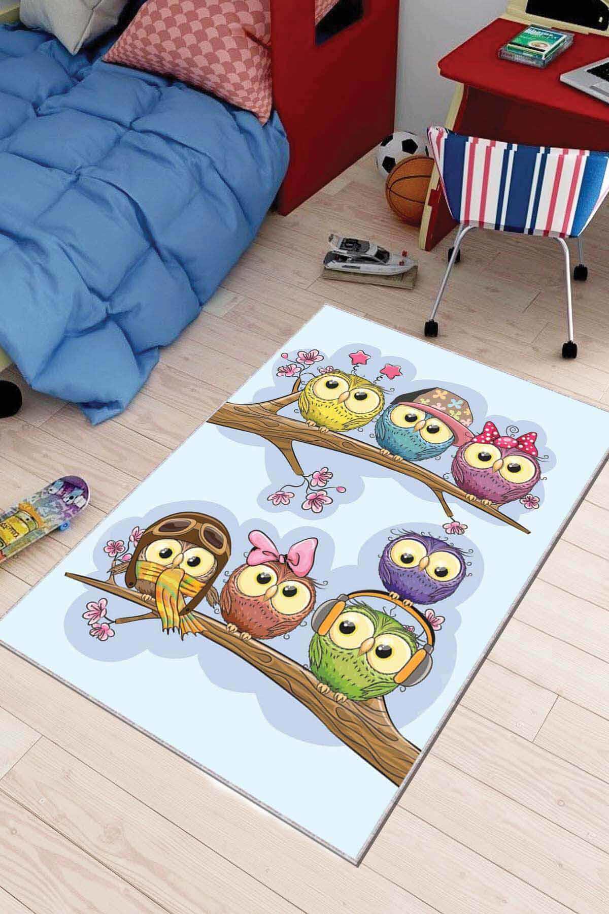 Viva Home AR062 Mavi 7 mm Mikropolyester Leke tutmaz Yıkanabilir İnce Kaymaz Dot Taban Dikdörtgen Makine Dokuma Çocuk Odası Halısı 180x180 cm