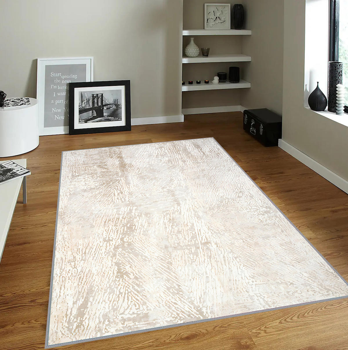 Rovigo Home RVG1823 Krem 8 mm Polyester Antibakteriyel-Leke Tutmaz-Toz Tutmaz Yıkanabilir İnce Kaymaz Dot Taban Dikdörtgen Makine Dokuma Salon Halısı 80x150 cm
