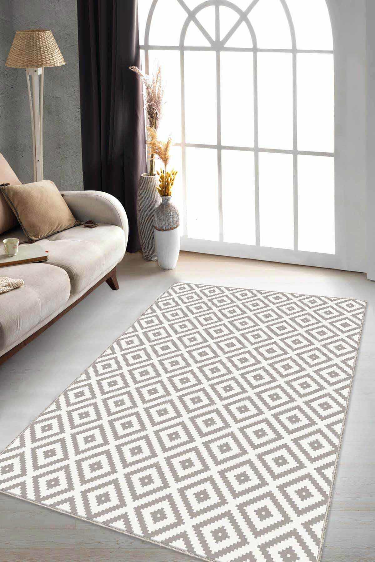 Viva Home RV184 Bej 7 mm Mikropolyester Yıkanabilir İnce Kaymaz Jüt Taban Dikdörtgen Makine Dokuma Salon Halısı 80x150 cm