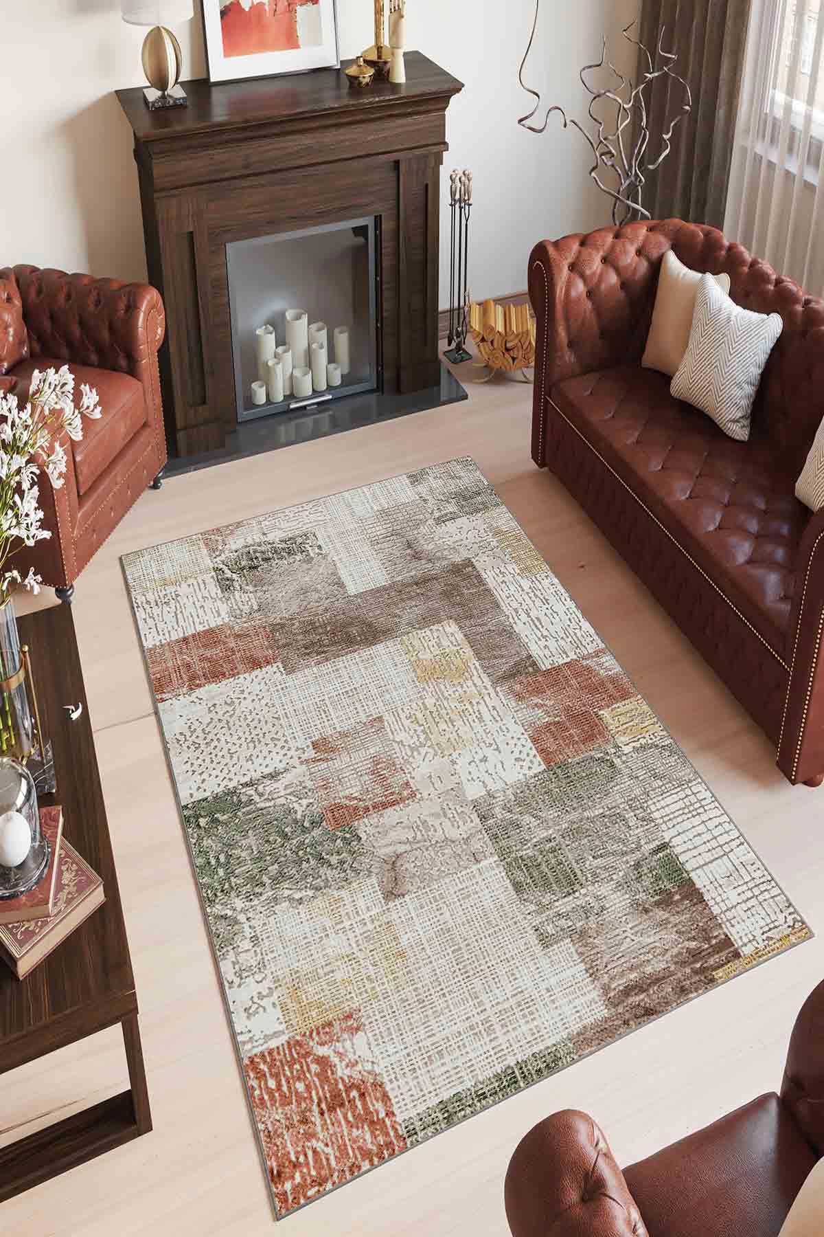 Homefesto Krem 5 mm Polyester Leke Tutmaz Yıkanabilir İnce Kaymaz Taban Dikdörtgen Makine Dokuma Salon Halısı 50x80 cm