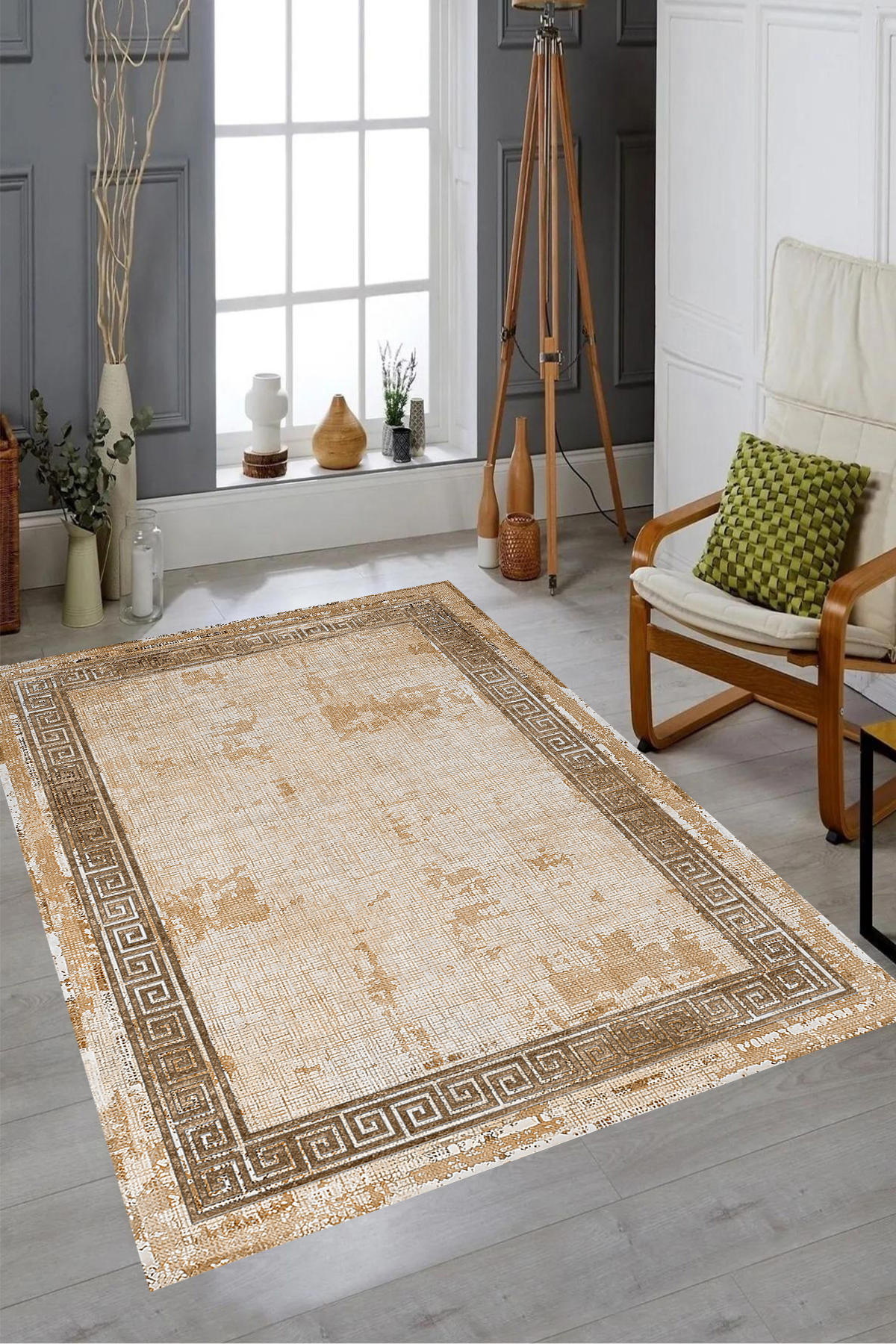 Aldora B1197 Bej 9 mm Deri Yıkanabilir Kaymaz Taban Dikdörtgen Makine Dokuma Salon Halısı 80x150 cm