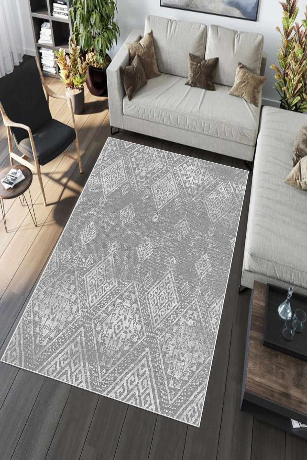 Aldora Beyaz-Gri 0.8 mm Polipropilen Yıkanabilir Orta Kaymaz Deri Taban Dikdörtgen Makine Dokuma Salon Halısı 100x300 cm