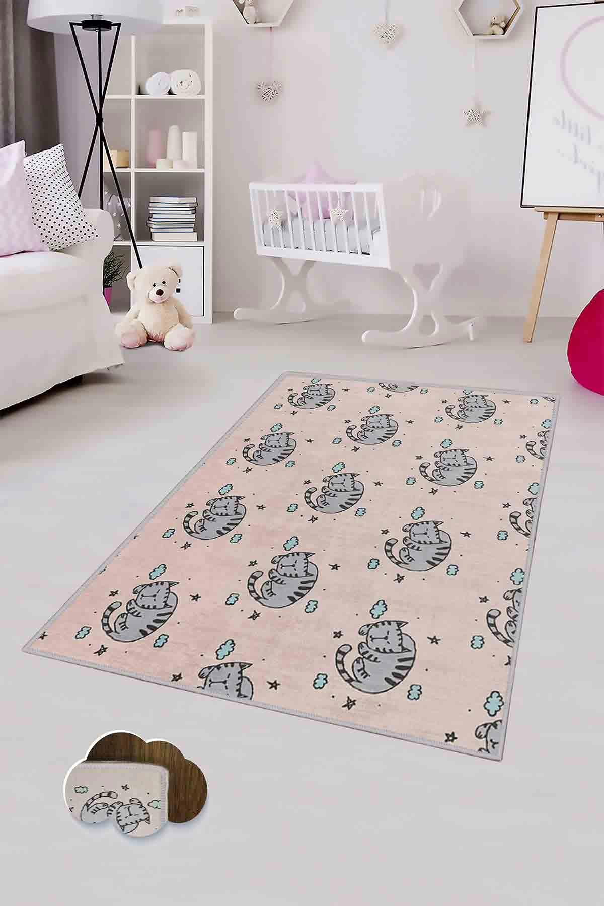 Homefesto Krem 5 mm Polyester Leke Tutmaz Yıkanabilir İnce Kaymaz Taban Hayvan Desenli Dikdörtgen Makine Dokuma Çocuk Odası Halısı 200x290 cm