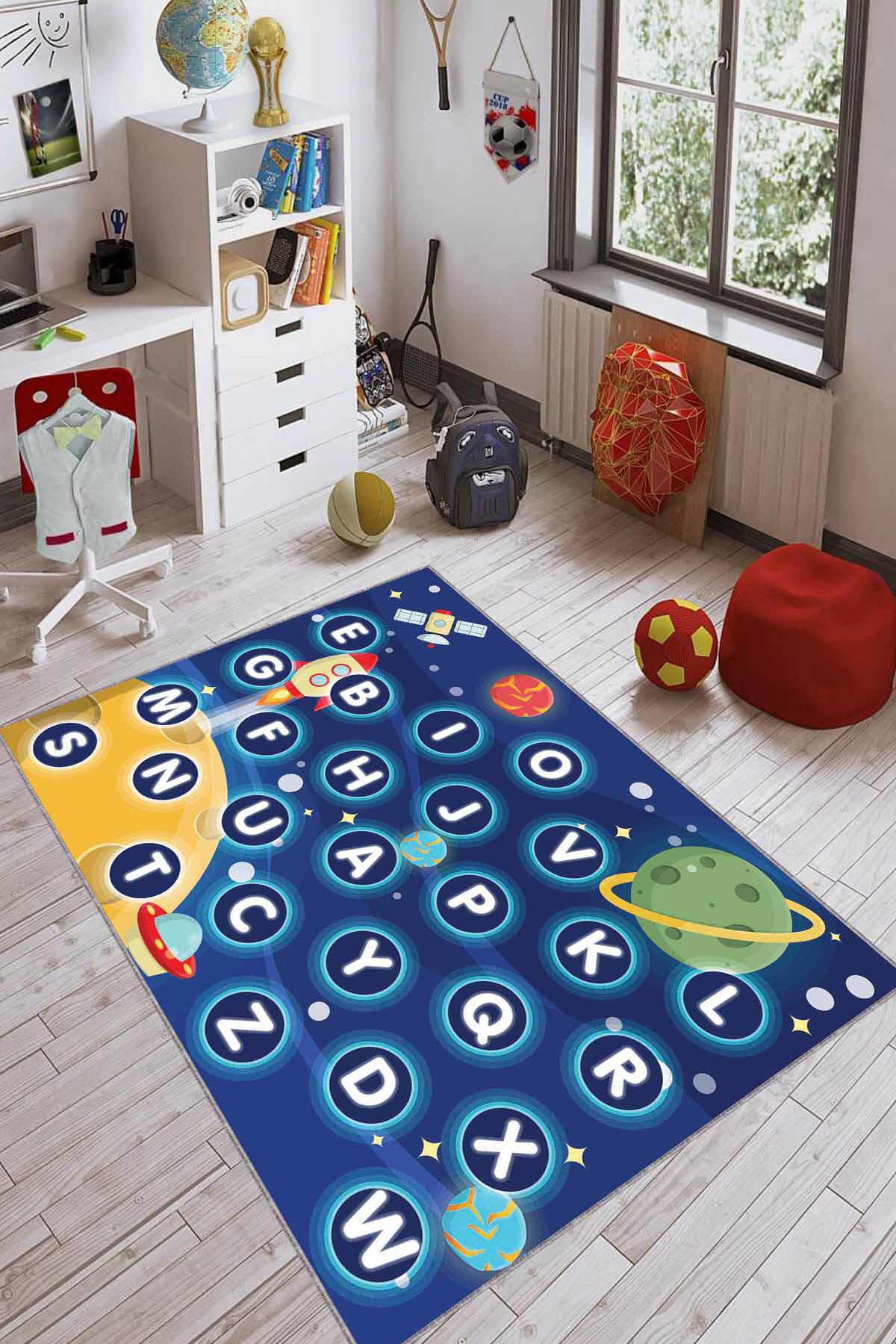 Viva Home KD99 Lacivert 7 mm Mikropolyester Leke tutmaz Yıkanabilir İnce Kaymaz Dikdörtgen Makine Dokuma Çocuk Odası Halısı 160x230 cm