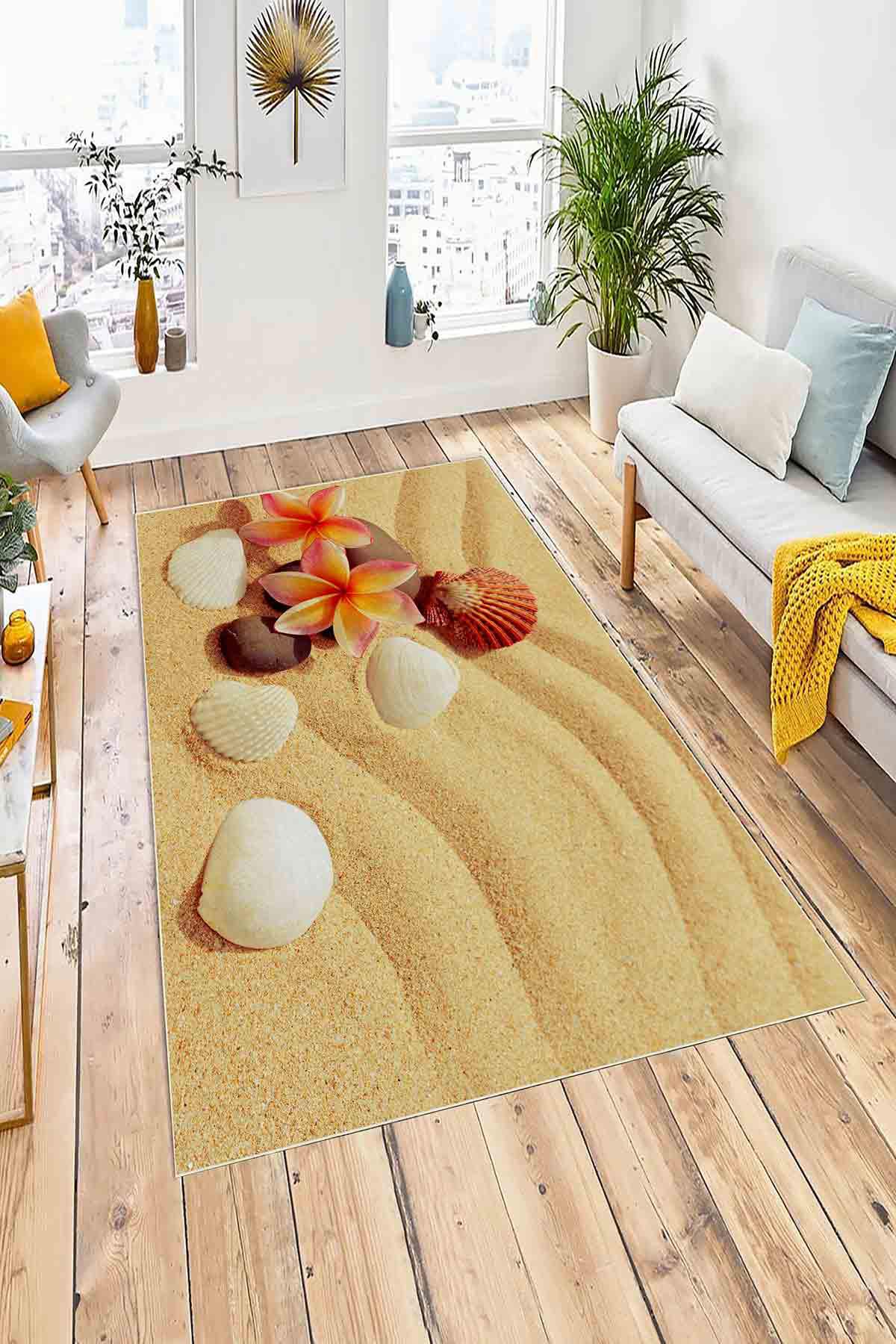 Homefesto Krem 5 mm Polyester Leke Tutmaz Yıkanabilir İnce Kaymaz Taban Doğa Temalı Dikdörtgen Makine Dokuma Salon Halısı 120x180 cm