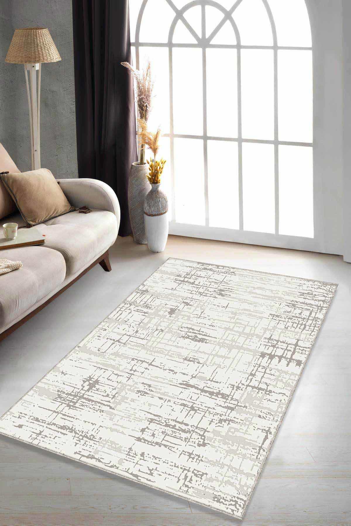 Viva Home ES06 Bej 7 mm Mikropolyester Leke Tutmaz Yıkanabilir İnce Kaymaz Dot Taban Dikdörtgen Makine Dokuma Salon Halısı 80x300 cm